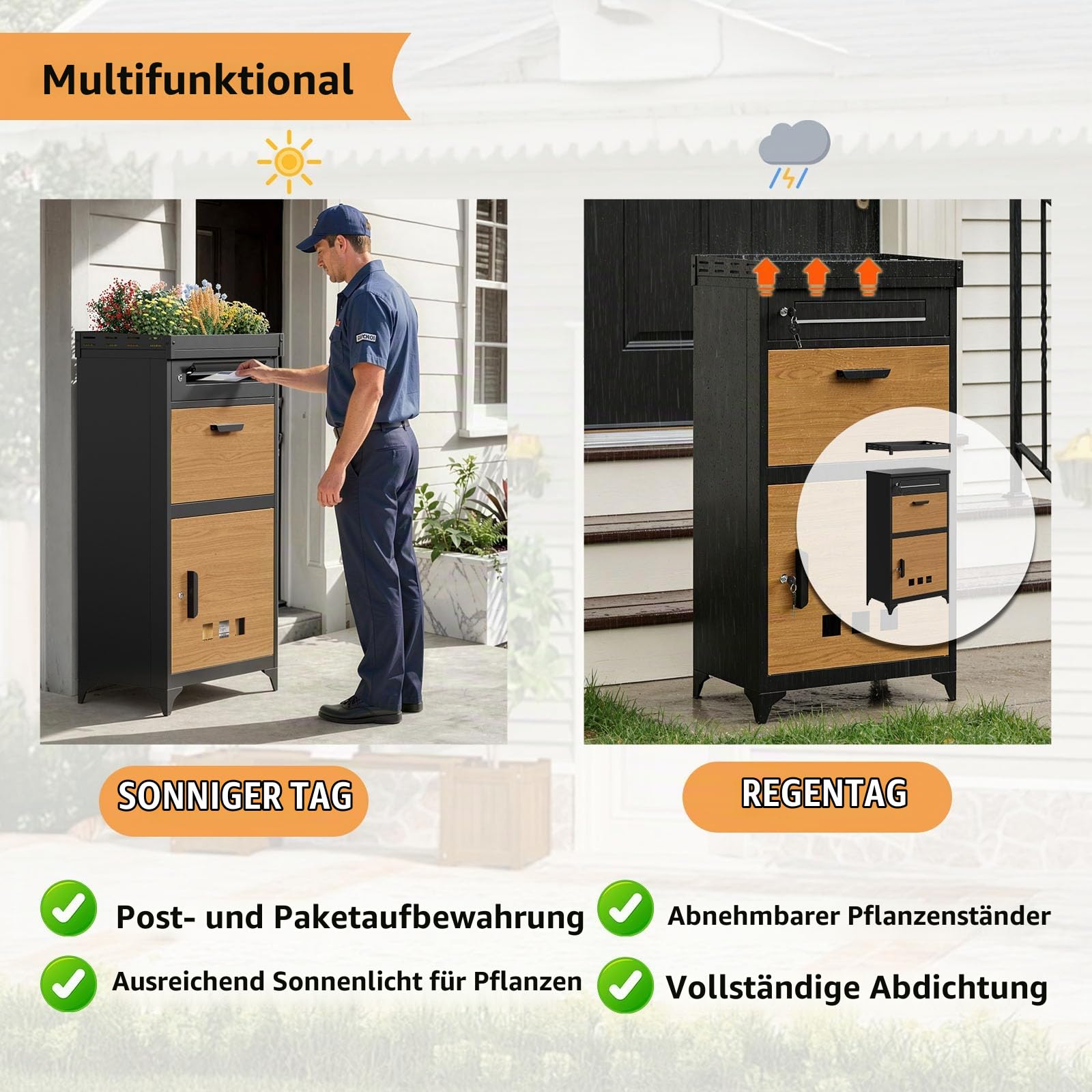 MSFE Briefkasten mit Paketfach Draußen, Paketbox Draussen XXL mit Abnehmbarem Blumentablettständer, Sicherheitsschloss, Antirutschmatte, Wetterfester Edelstahl Paketbriefkasten für Briefe,Pakete