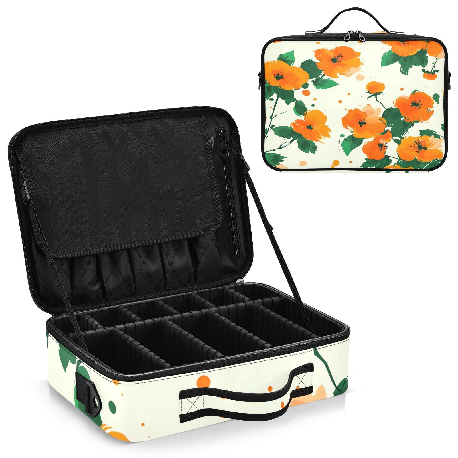 zyrtty Travel Makeup Train Case Orange Flower Green Pattern Cosmetic Organizer Portable Storage Bag with Adjustable Dividers for Cosmetics Brushes Toiletry Jewelry Digital Accessories