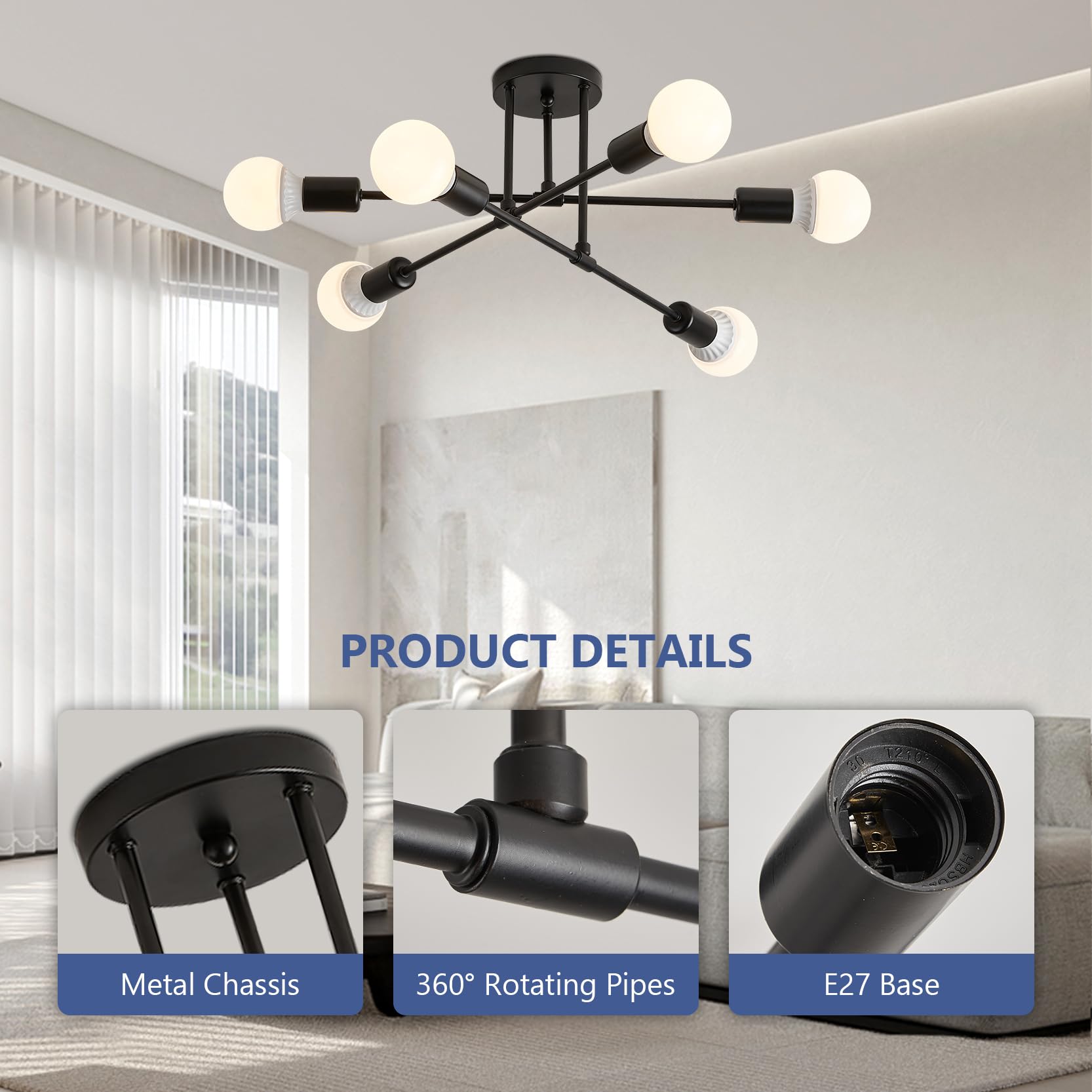 YOODI Lampadario Industriale, 6 Luci Plafoniera Sputnik Vintage, E27 Moderno Lampada da Soffitto in Ferro Nero per Camera da letto, Soggiorno, Sala da Pranzo, Diametro 52cm (Lampadina non inclusa)