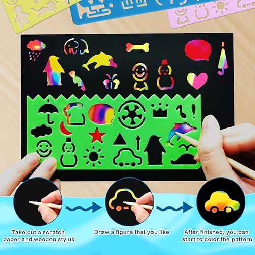 Miniatura 6 de RMJOY Juegos de papel para raspar arcoíris 59 piezas de arte mágico para manualidades juegos de suministros de papel para raspar para niños y niñas