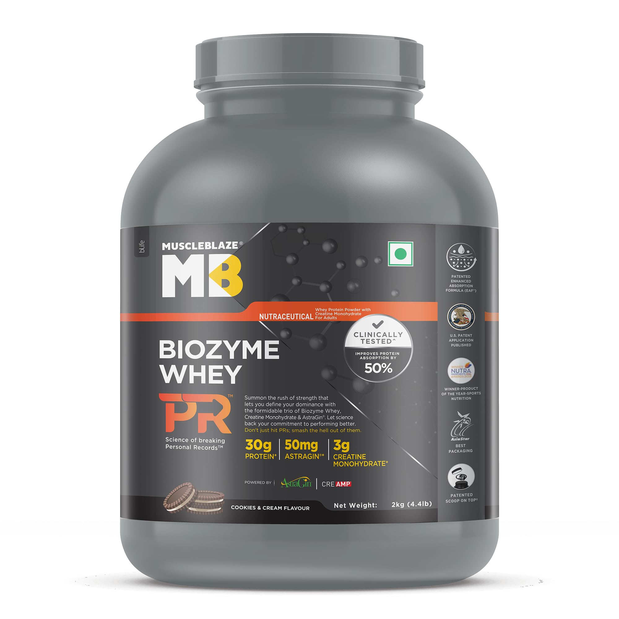 MuscleBlaze Biozyme Whey Protein PR Powder with 30g Protein, 3g Creatine Monohydrate & 50mg AstraGin (Cookies & Cream, 2kg / 4.4lbs) | Trustified Gold Certified