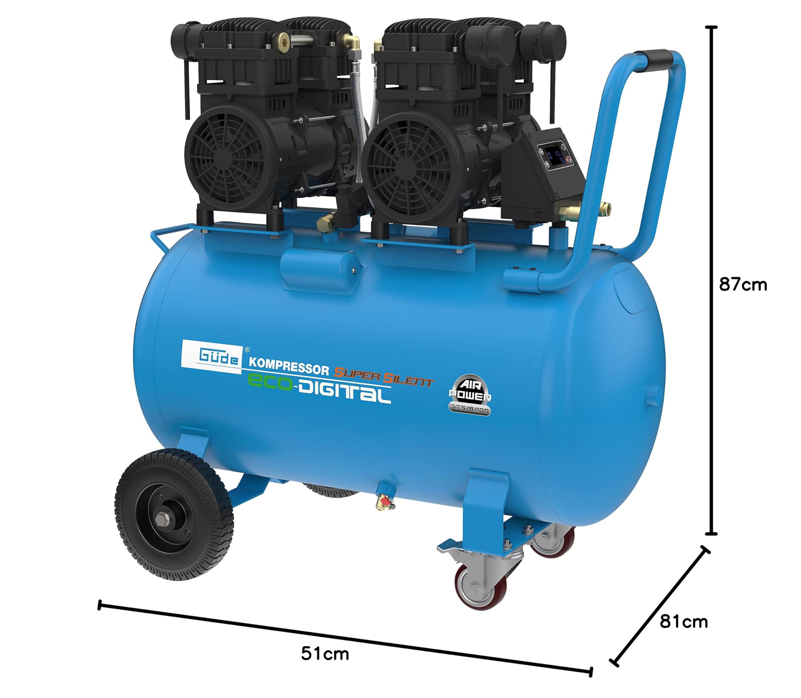 Güde Kompressor Airpower 375/8/100 ED-SILENT (2 Motoren, flüsterleise 61 dB(A), öl- und wartungsfrei, 8 bar, 2200 W, 100 l Kessel, eff. Liefermenge 360l/min, Sicherheitsventil, Wasserablassschraube)