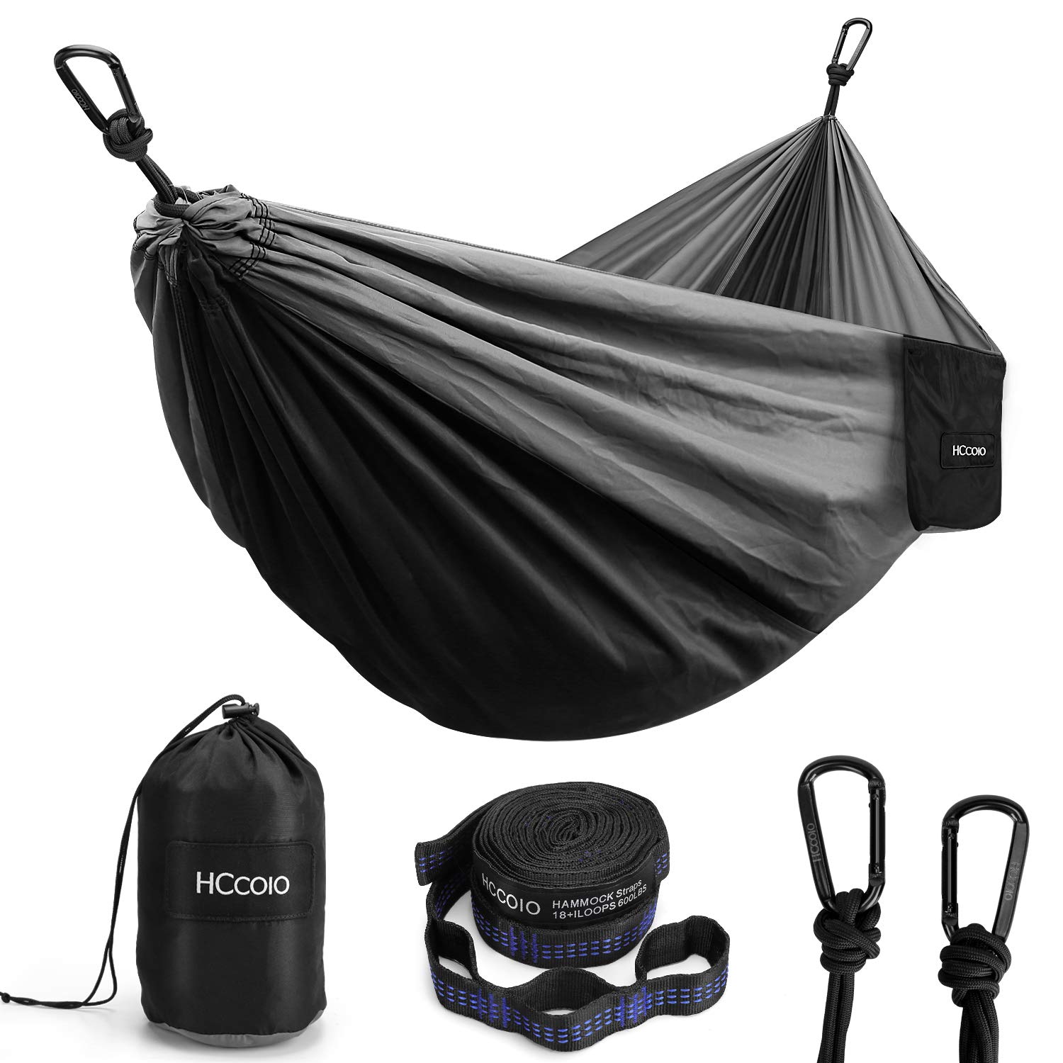 HCcolo Camping Hammock - Portable Hammocks Lightweight Nylon Parachute Hammocks with Tree Straps and Mosquito/Bug Net for Indoor Outdoor Backpacking Survival & Travel (Black)
