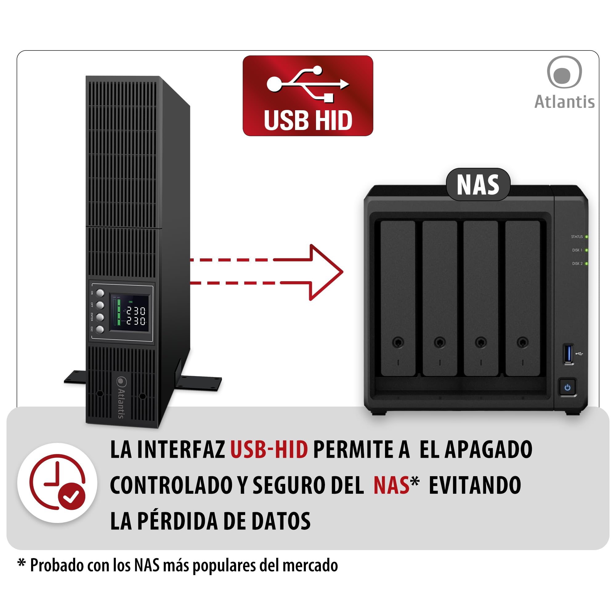 Atlantis A03-OP2002P-RC PRO UPS Sistema de alimentación ininterrumpida OnLine doble conversión onda sinusoidal pura 2000VA 1800W, servidor RACK, pantalla LCD, USB, RS232, 8 IEC, ranura SNMP, 4x12V 9Ah