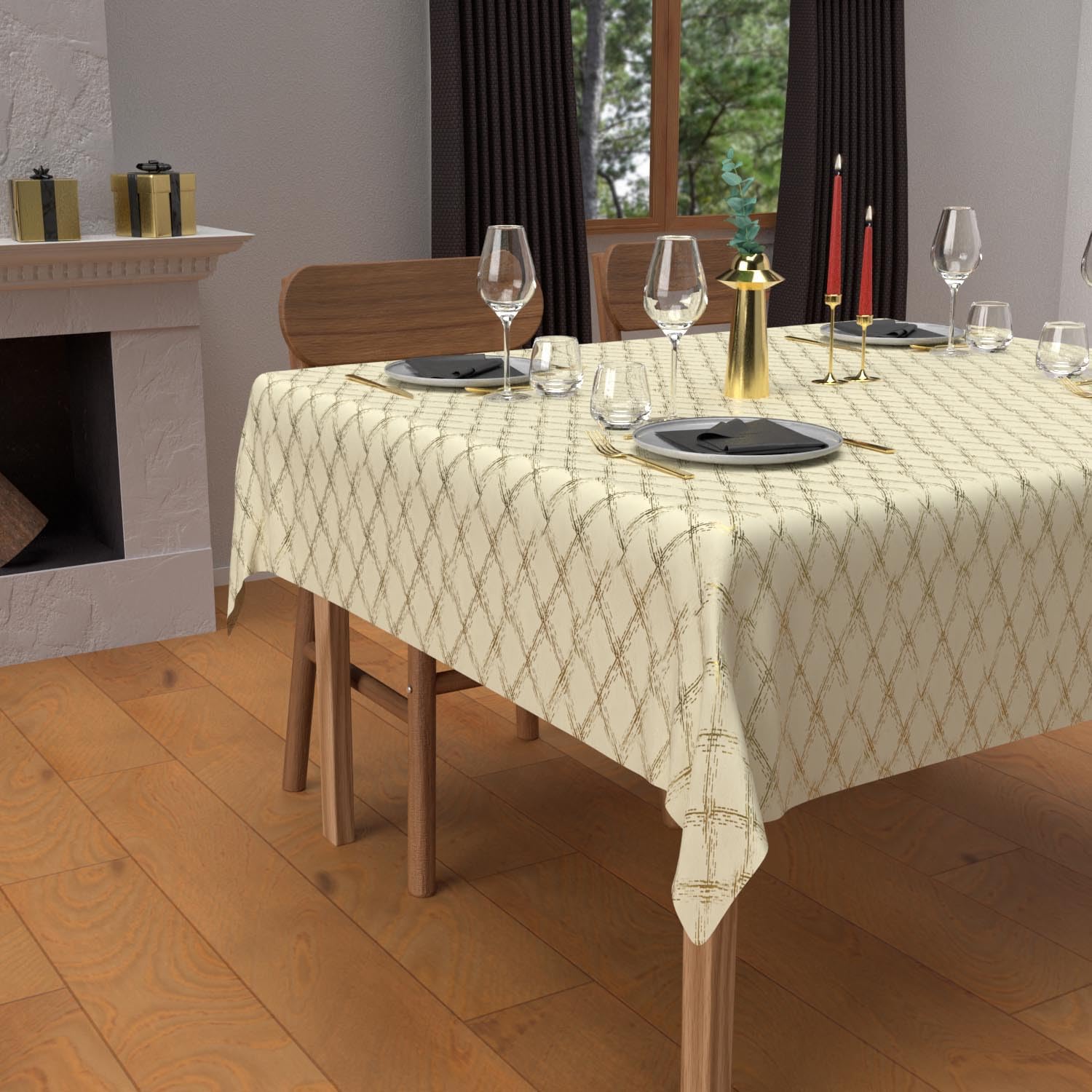 Soleil d'ocre, Festive Square Stain-Resistant Tablecloth 180 x 180 cm Pure Cotton Celeste Gold