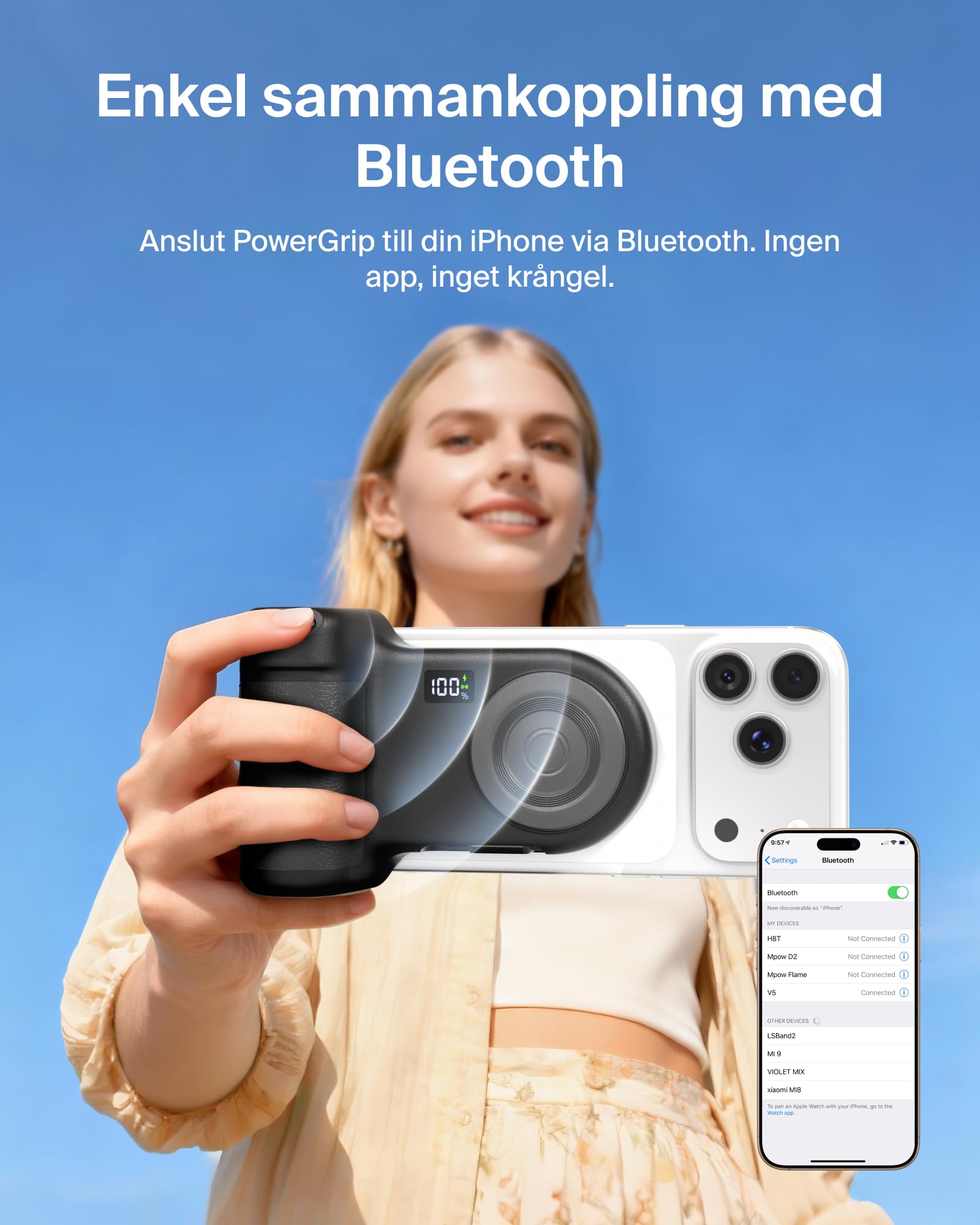 Belkin Stage PowerGrip Magnetyczny Uchwyt do Aparatu, 9300 mAh – Czarny | Powerbank Bezprzewodowy 9300 mAh, 15 W, Port USB-C, Kabel w Zestawie, Przycisk Migawki Bluetooth, Podstawka, Naładowany