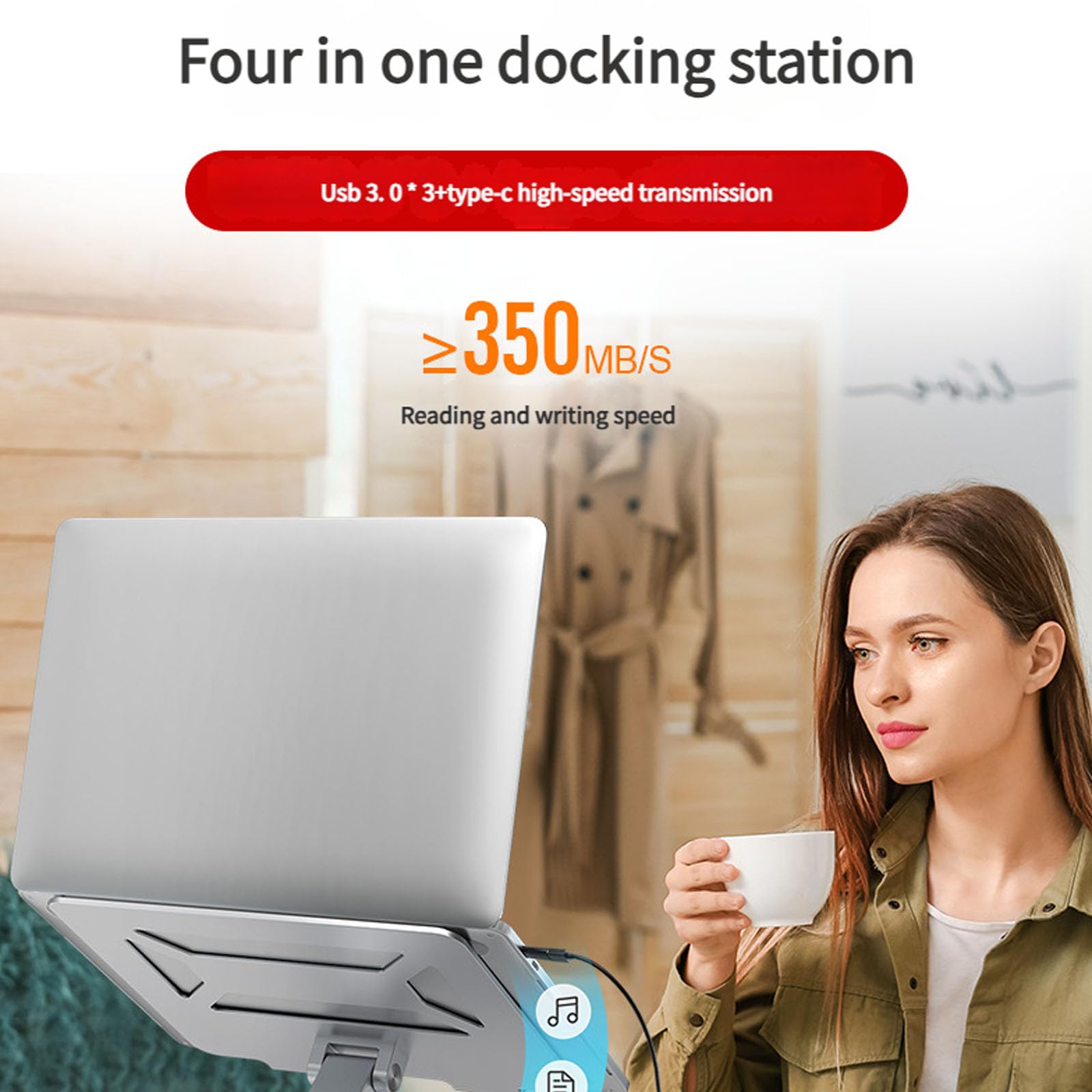 Supporto per laptop ergonomico rotante Struttura in alluminio pieghevole Hub espansione integrato Altezza regolabile Design portatile per tablet notebook Supporto per laptop portatile con hub