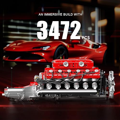 Miniatura 7 de Mould King Kit de modelo de motor V12 que funciona, kit de construcción de modelos de ingeniería MOC con batería y motor, 3472 piezas de bloques de