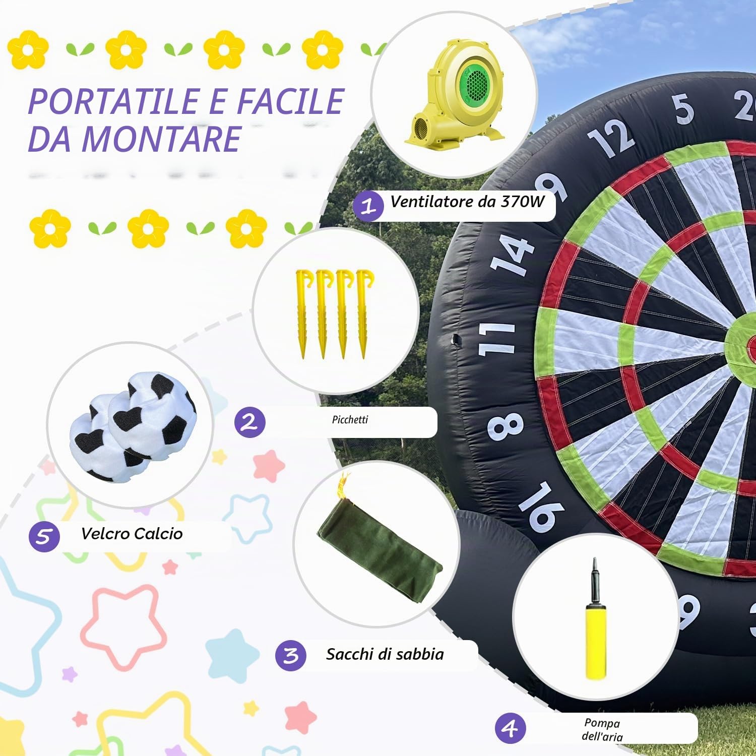 Bersaglio gonfiabile per freccette da calcio all'aperto 3 m con 8 palline e ventilatore 370 W