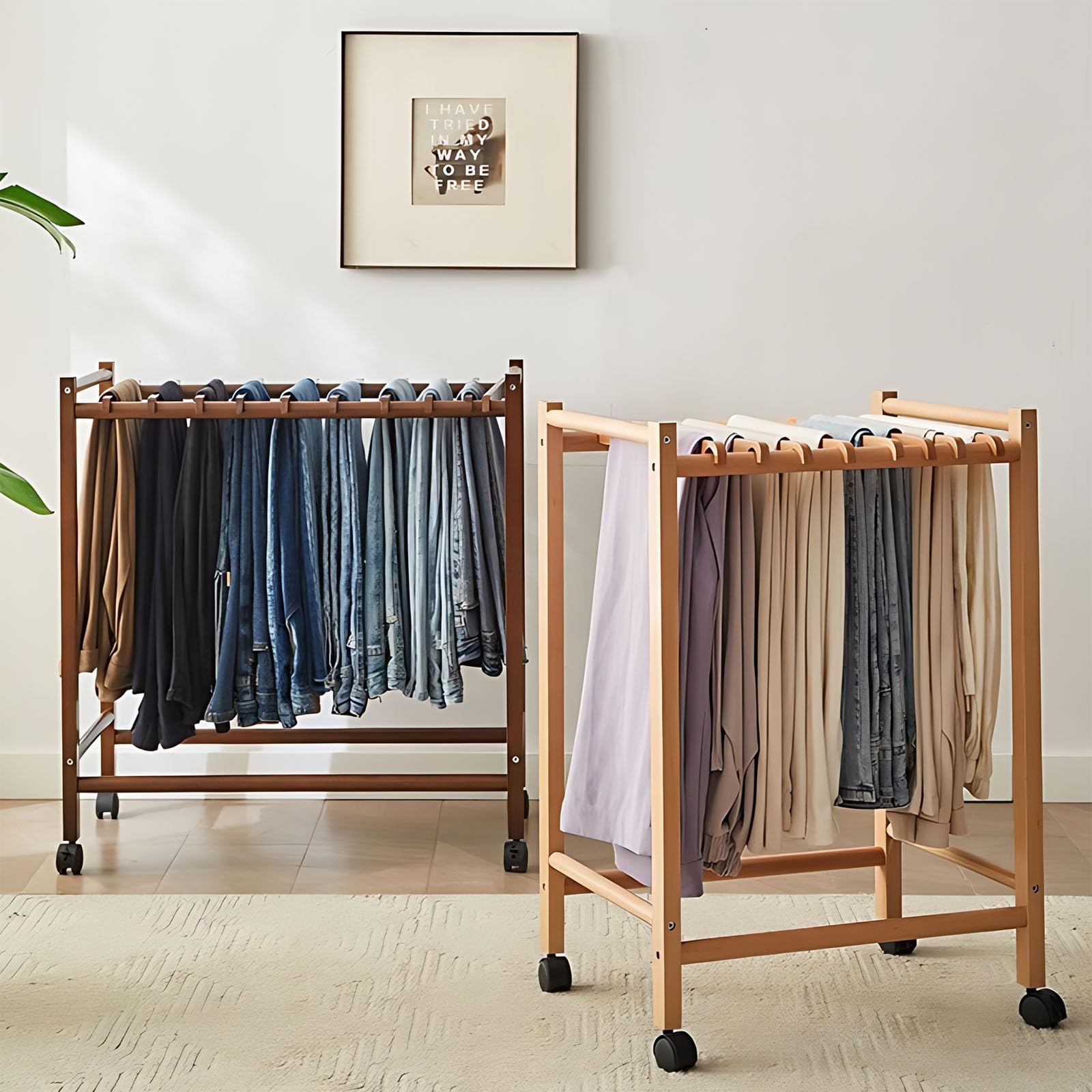 Pantalones de madera Ha con ruedas para armario con ropa de 12 Ha y Sto para pantalones, pantalones cortos, jeans, pantalones, carrito (nogal)