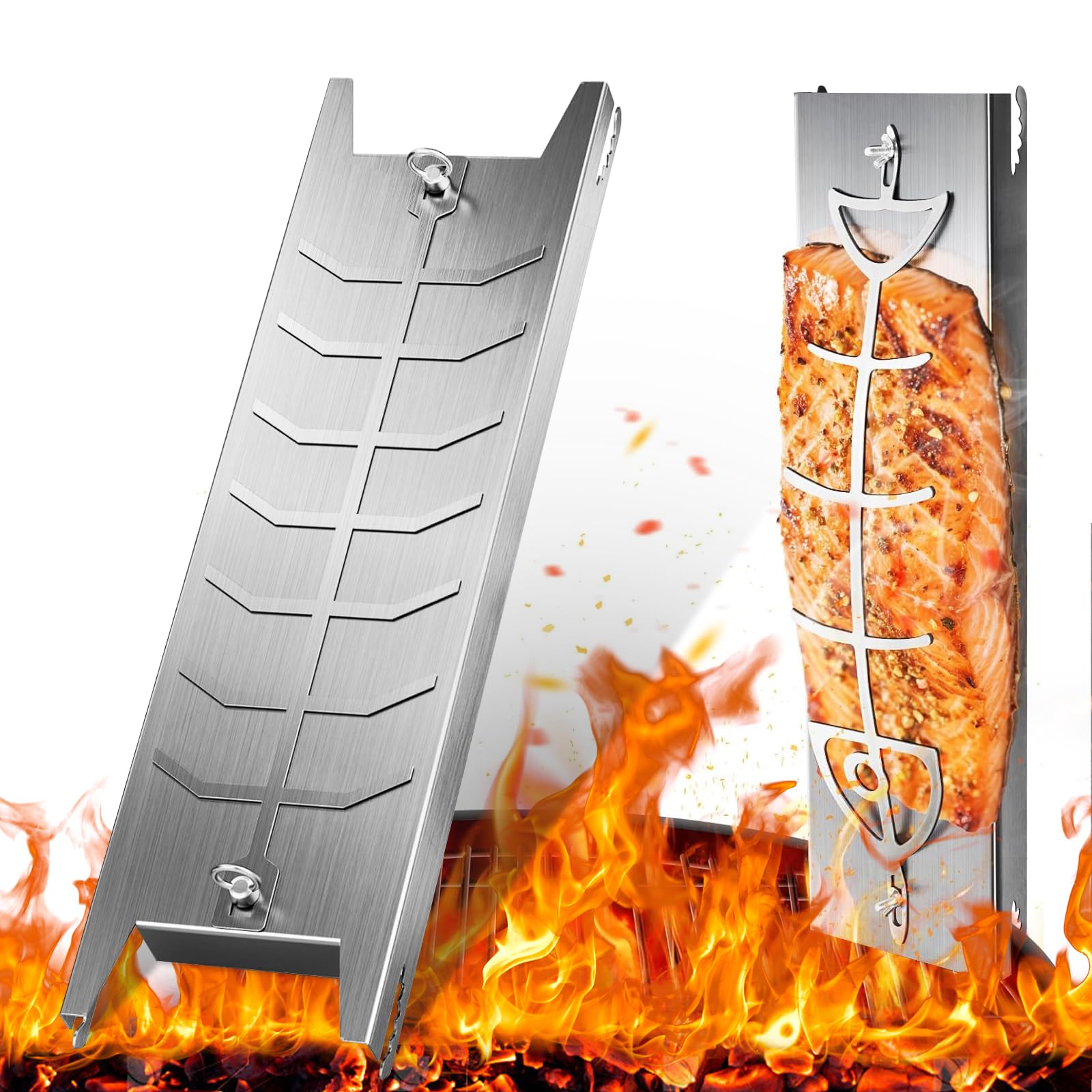 Set de 2 Tablas para Salmón a la Llama de Acero Inoxidable – 59×16×3,7 cm y 52×11,5×3 cm – Soporte BBQ Ajustable para Pescado, Carne y Verduras – Antióxido, Resistente al Calor y Reutilizable