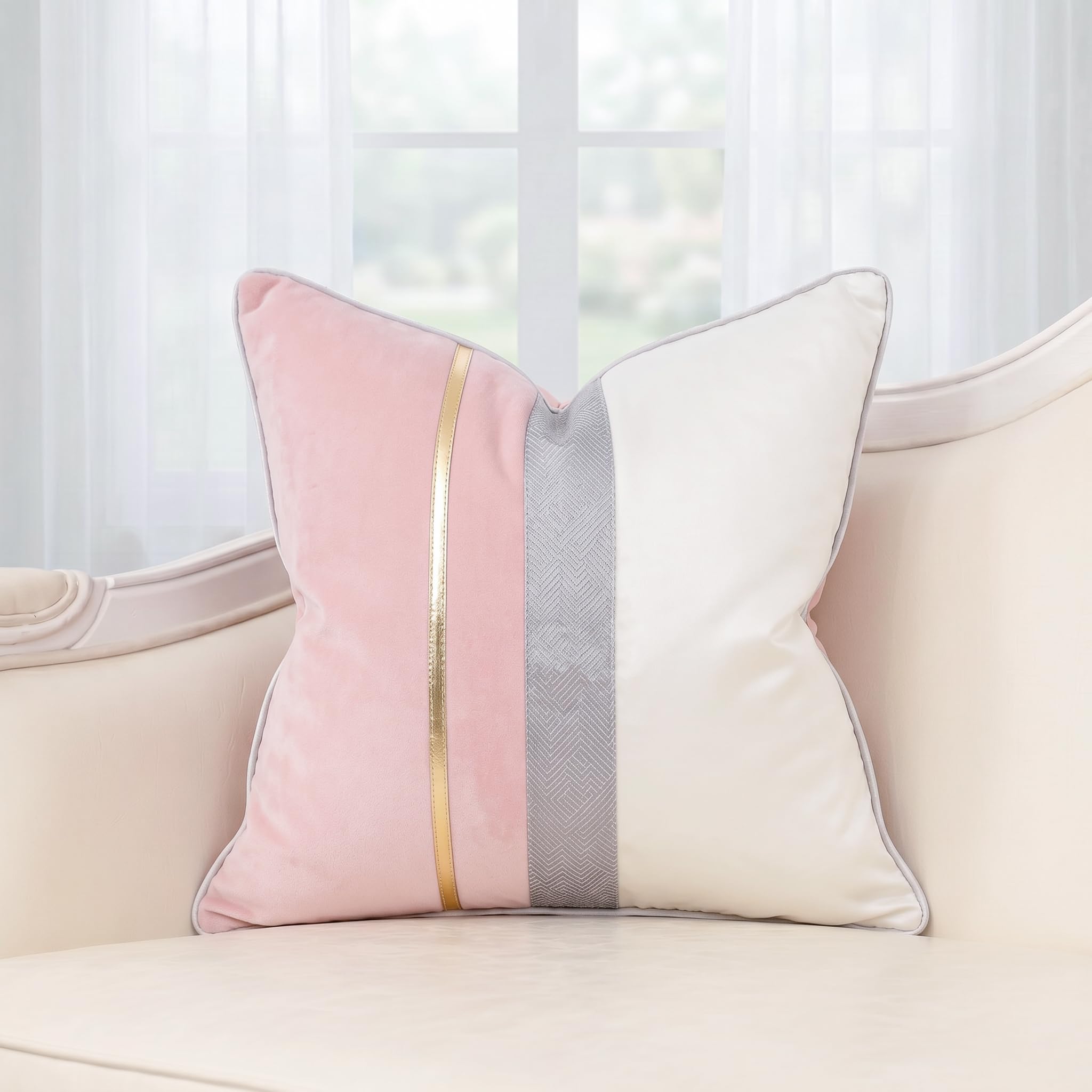 PANOD Funda de almohada de terciopelo rosa con diseño de rayas doradas, funda de cojín de piel de lujo, moderna, cuadrada, para sofá, dormitorio, sala de estar, hogar, 50,8 x 50,8 cm