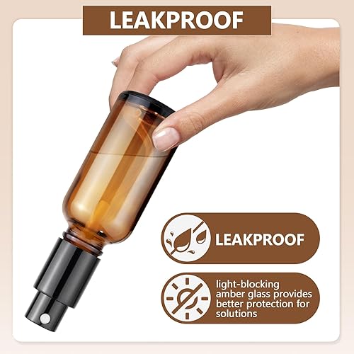 Miniatura 3 de Paquete de 4 botellas de vidrio ámbar de 1 onza  1.0 fl oz para niebla fina  con 2 boquillas adicionales, aceite esencial recargable, tóner, cuidado