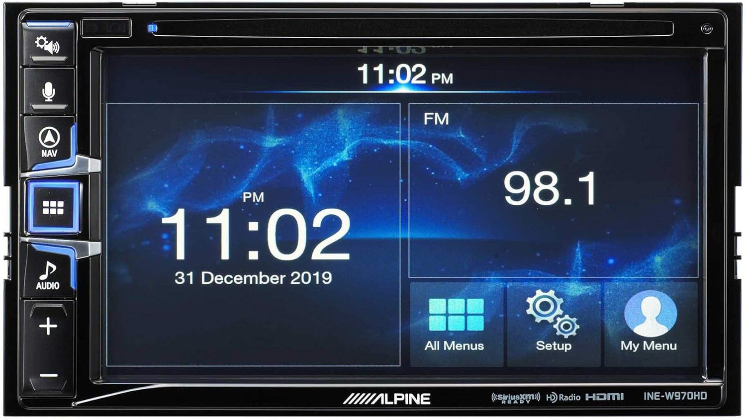 Alpine INE-W970HD display showing radio interface