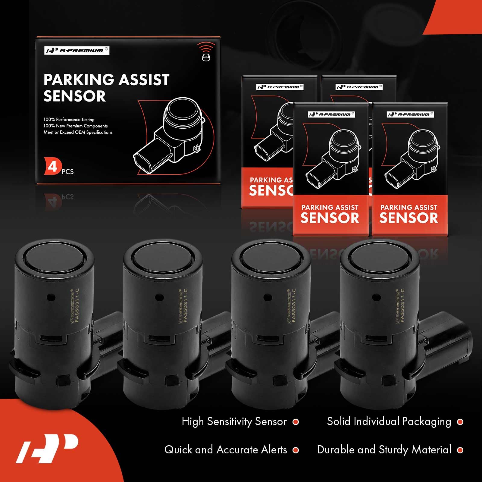 A-Premium 4-PC Front Reverse Backup Parking Assist Sensor Compatible with Select Land Rover Models - LR3 2005 2006 2007 2008 2009, Replace# YDB500390GAN, YDB500390HES