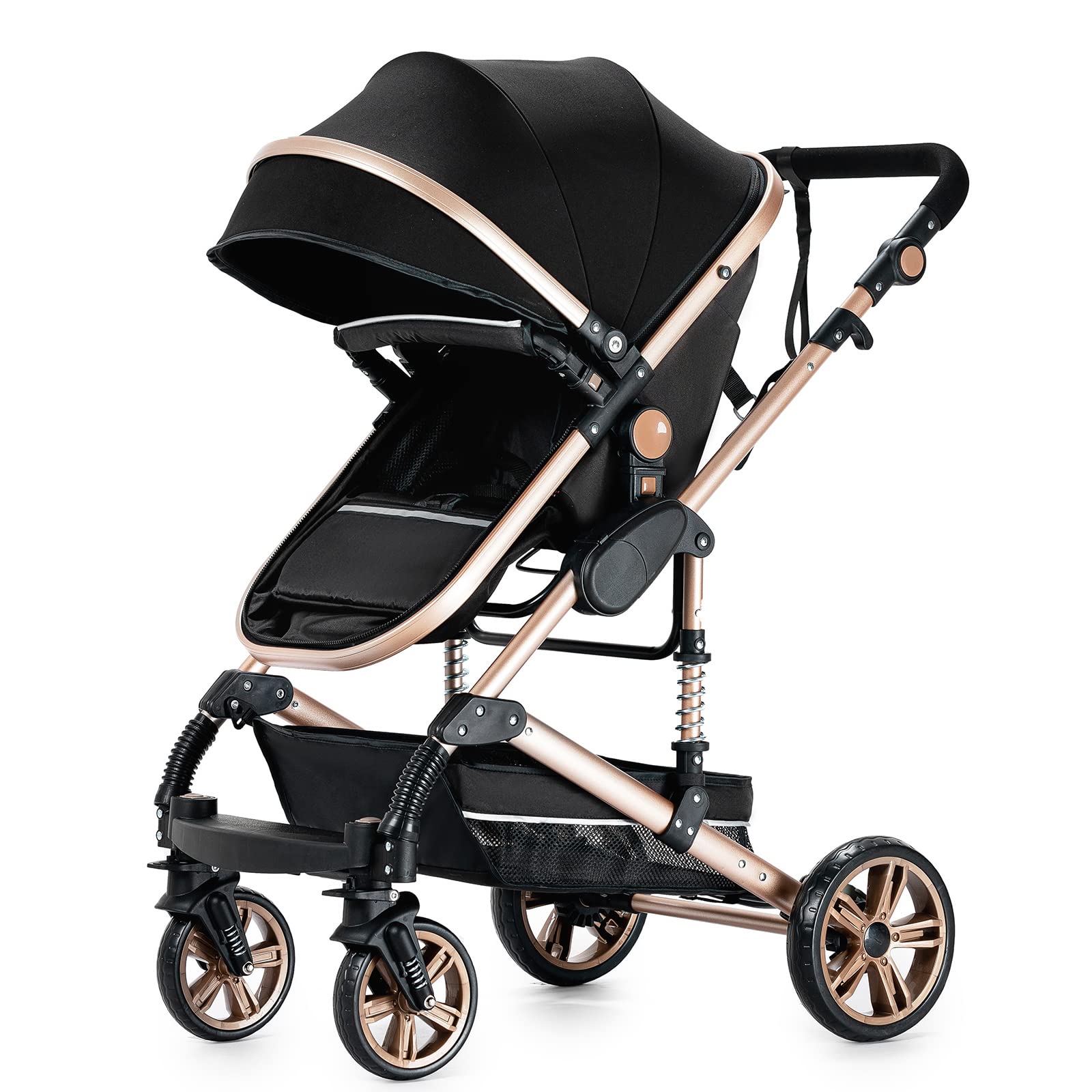 Nine point nine Poussette 3 en 1, Poussette Bebe avec Double Modes de Poussée Réversibles, Poussette Canne avec Grande Nacelle Confortable, Pousette avec Cadre Aluminium Haute Paysage (739 Black Gold)