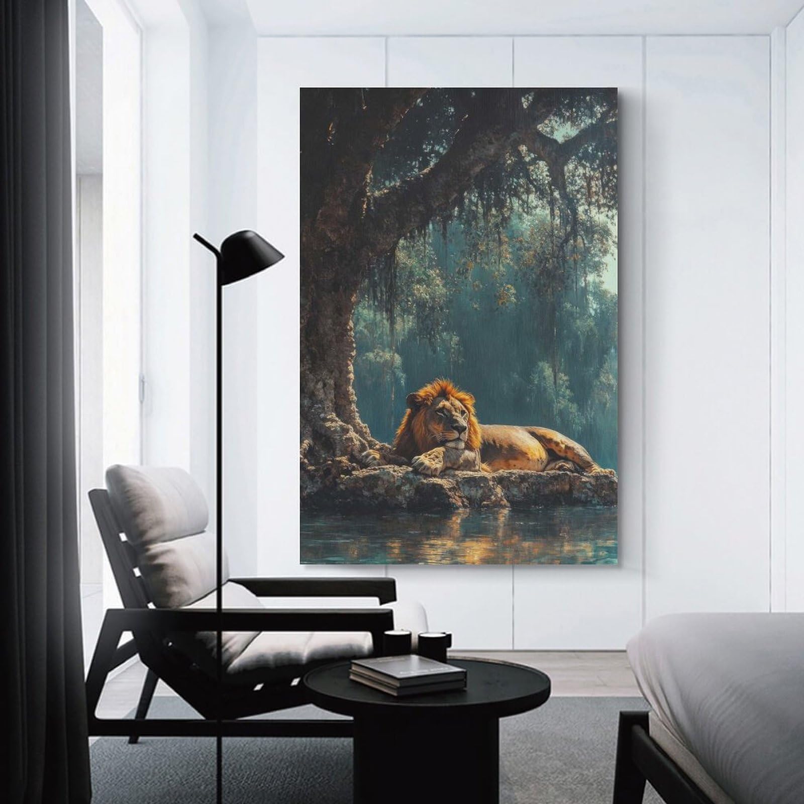 Junmoney Unframe-Style-15 Lion Resting By Water Wall Picture Print, 20X30inch(50X75cm), For Lounge, Study, Hallway Or Flat Walls, Canvas Wall Art That Fits Changing Layouts