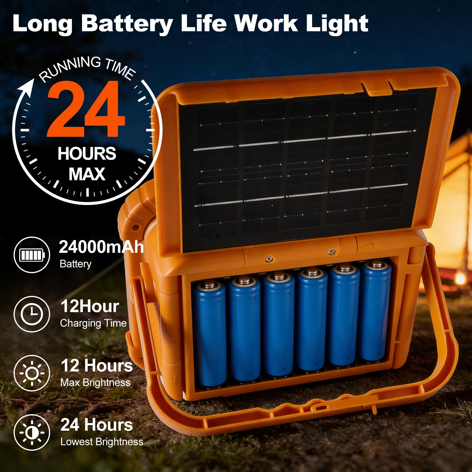 Solare Faro Led Ricaricabile Lavoro 24000mAh con Luminosità Regolabile in Continuo, Faretto a Batteria per Campeggio, Cantieri Edili, Illuminazione di Emergenza