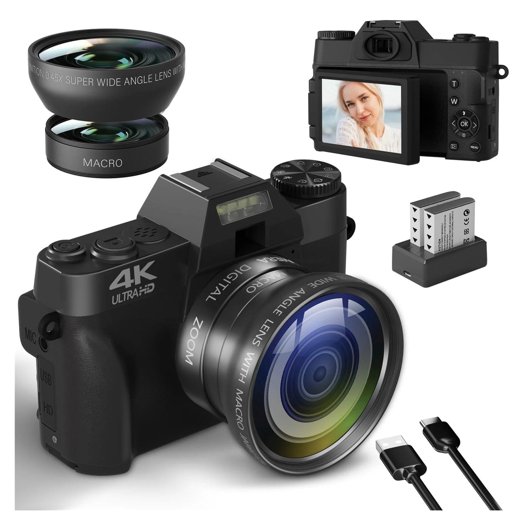 Compact Digital Still Camera, 4K WiFi Webcam, Retro Vlog Recorder, 64MP Camcorder, 3" Flip Screen, Wide Angle Lens(R10 Black 32GB)-image-24
