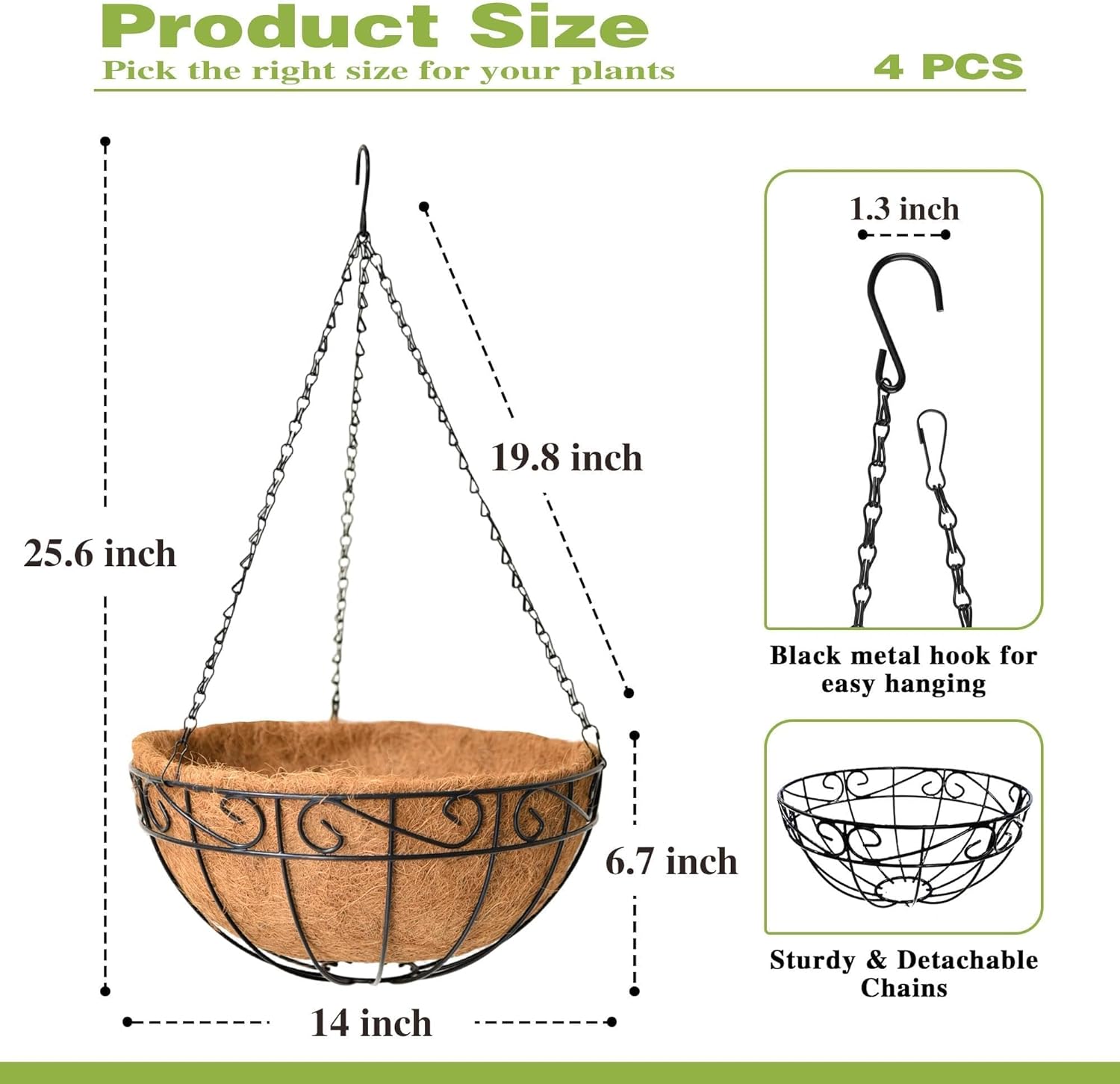 4 Pack 14 Inch Hanging Baskets for Plants Outdoor Metal Hanging Planter Hanging Flower Baskets with Coco Fiber Liners Chain Round Wire Plant Holder Hangings Flower Pots(Plaid)
