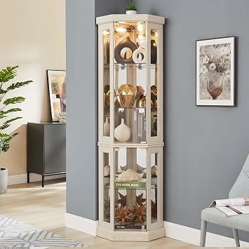 Lighted Corner Curio Cabinet,Corner Display Cabinet with Tempered Glass Doors Mirrored Back Panel Adjustable Shelves,15.31" L X 15.31" W X 69.84" HAntique White