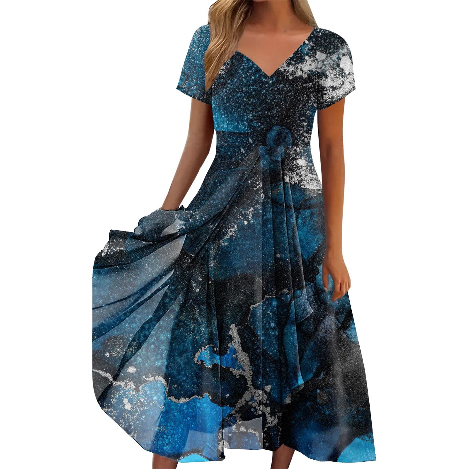 Cocktailkleid Damen Elegant Für Hochzeit Lang Chiffon Elegante Abendkleid Midi Swing Spitze Hoch Taille Chiffonkleid Swingkleid Midikleid Kurzarm A-Line Knielang Sommerkleid Langes Kleid