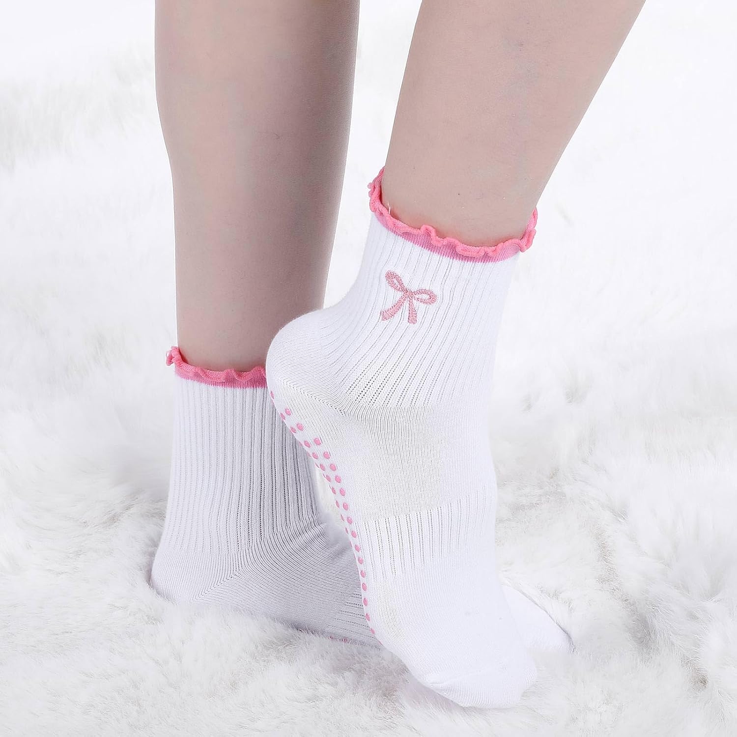 Jeyiour 3 Pairs Cute Grip Pilates Socks Non Slip Women Valentines Pilates Yoga Gift Socks Ruffle Bow Sock - Image 2