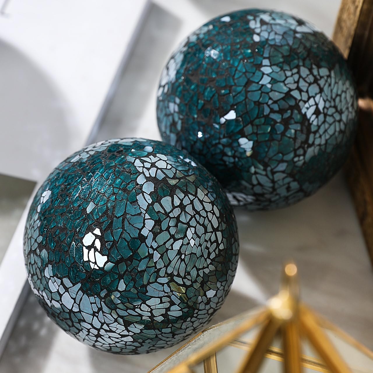 Decorative Glass Mosaic Sphere Balls, 3 Inch Diameter, Set of 5, Table Centerpiece (Teal)