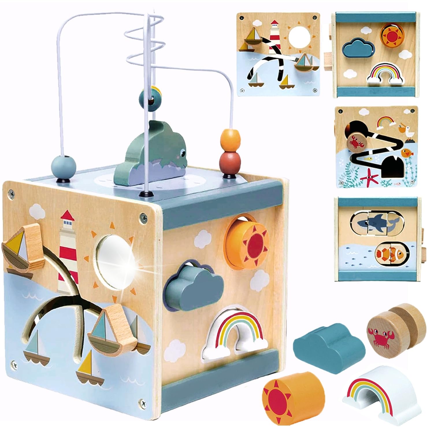 Nukdey Wooden Activity Cube Toys 6 in 1 Activity Center Montessori Toys Bead Maze Shape Sorter with Mirror Sliding Building Blocks Puzzle Gift for 1 2 3 Years Old Baby Kids Toddlers Boys Girls