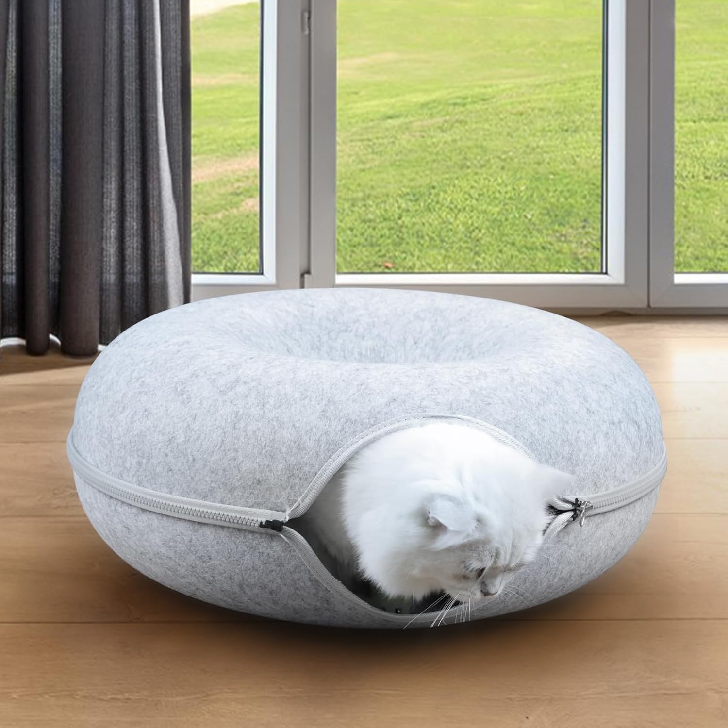 RIZZARI 20 * 20 * 8 Inches Small Cat Tunnel Bed, Peekaboo Cat Cave for Indoor Cats, Comfortable and Washable Cat House, Detachable Donut Pet Bed for Cats and Kittens (Small, Light Gray)