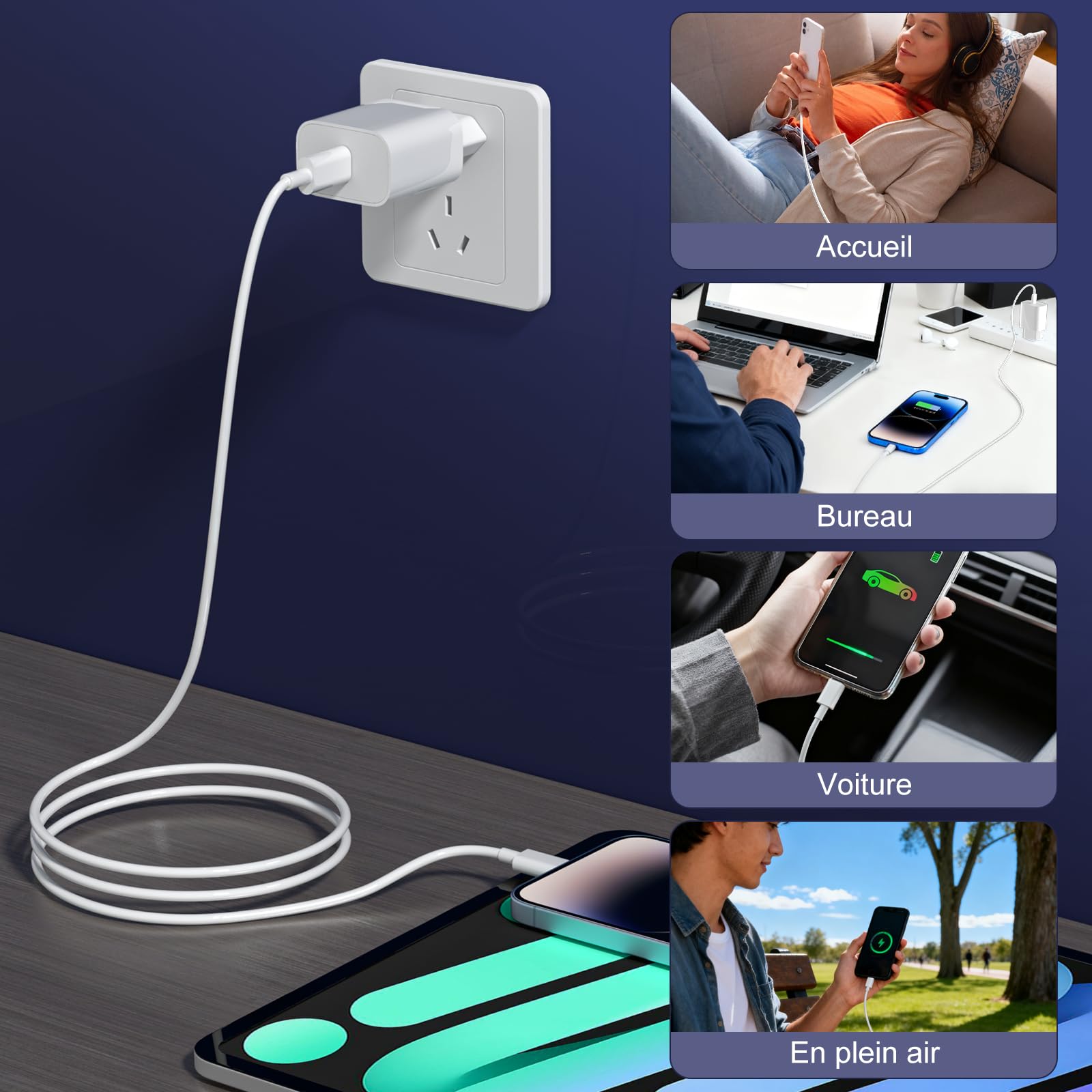 Chargeur iPhone,2Pack Chargeur Rapide de 20W Adaptateur avec 2M&3M [Certifié Apple MFi ] USB-C de données Lightning Cordon de Charge Compatible avec iPhone 14 13 12 11 Pro Max XS XR X,iPad