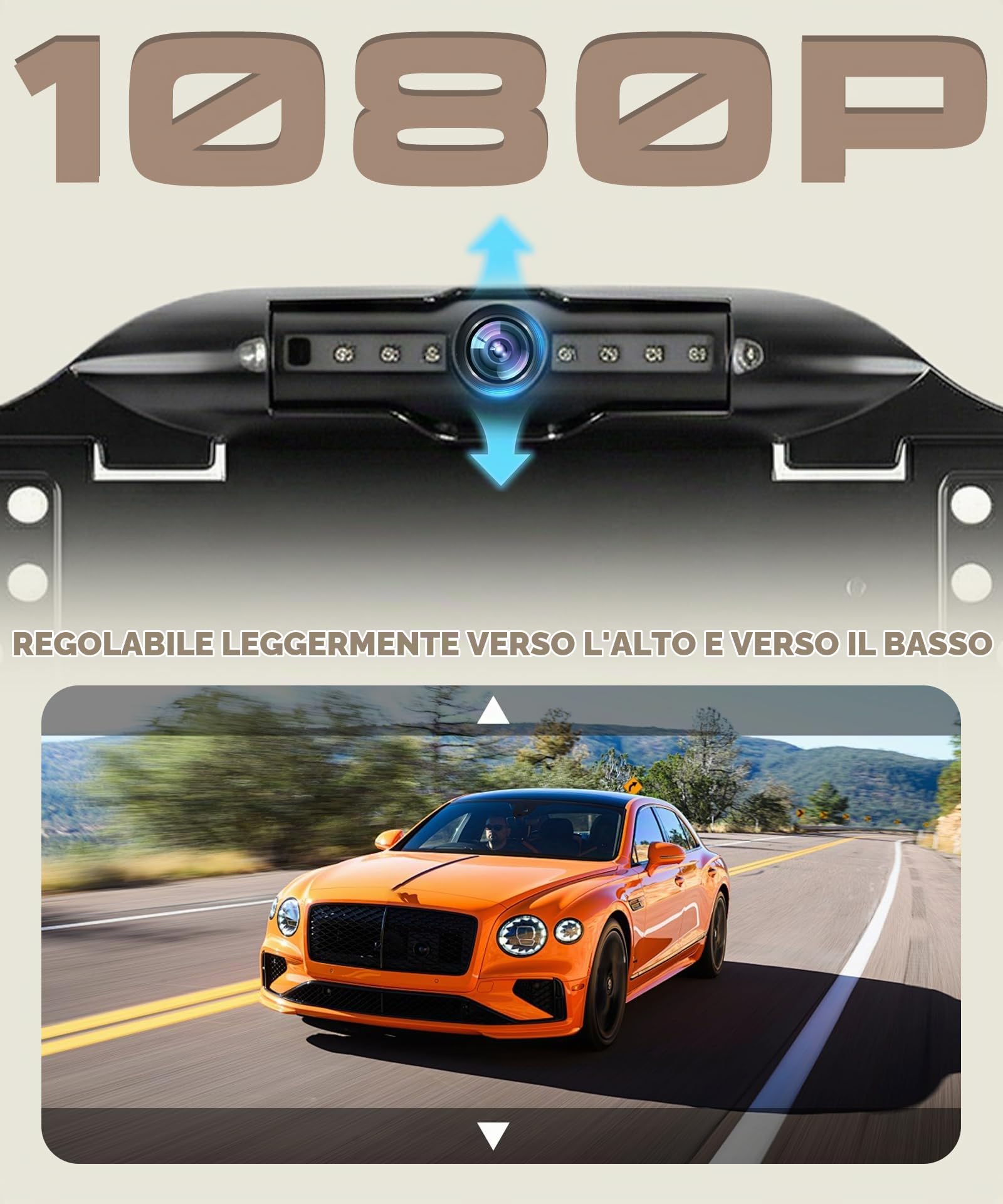 Rimoody Telecamera Posteriore 1080P AHD per Targhe EU - Telecamera di Parcheggio con 7 LED, Impermeabile IP67, Grandangolo 100°, 3 Modalità (CVBS/720P/1080P) per Auto
