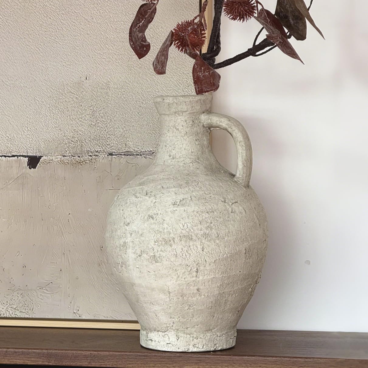Relexome Jarrón rústico de cerámica de terracota con asa, jarra alta de 12 pulgadas, color gris y blanco, piedra de arcilla vintage, cerámica antigua, decoración de mesa para el hogar, sala de estar,