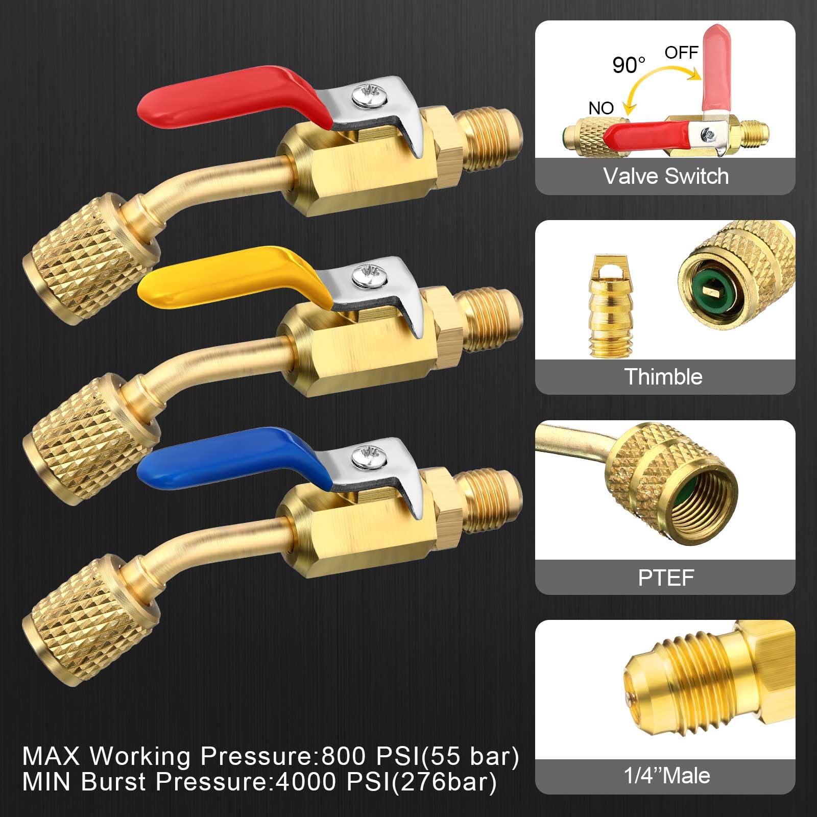 Mudder Lot de 7 robinets à boisseau sphérique compacts pour climatisation 6,35 mm pour adaptateur CVC R410A R134A R12 R22 femelle vers mâle 6,35 mm (robinet à boisseau sphérique 3 angles, 4