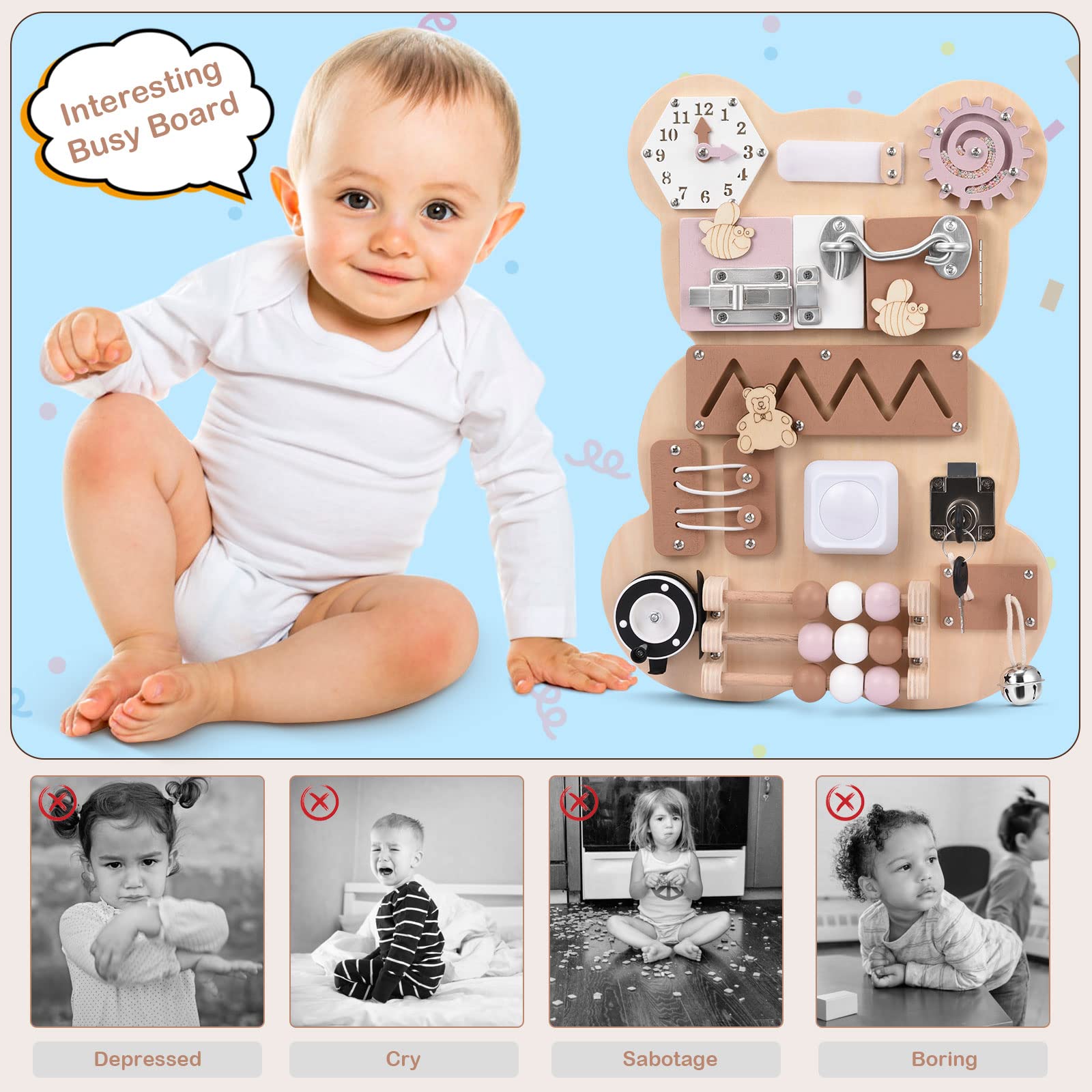 Busy Board Consiglio Occupato Montessori Scheda attività Sensoriale Tavole di attività Sensoriali per Bambini in Legno Fatte a Mano