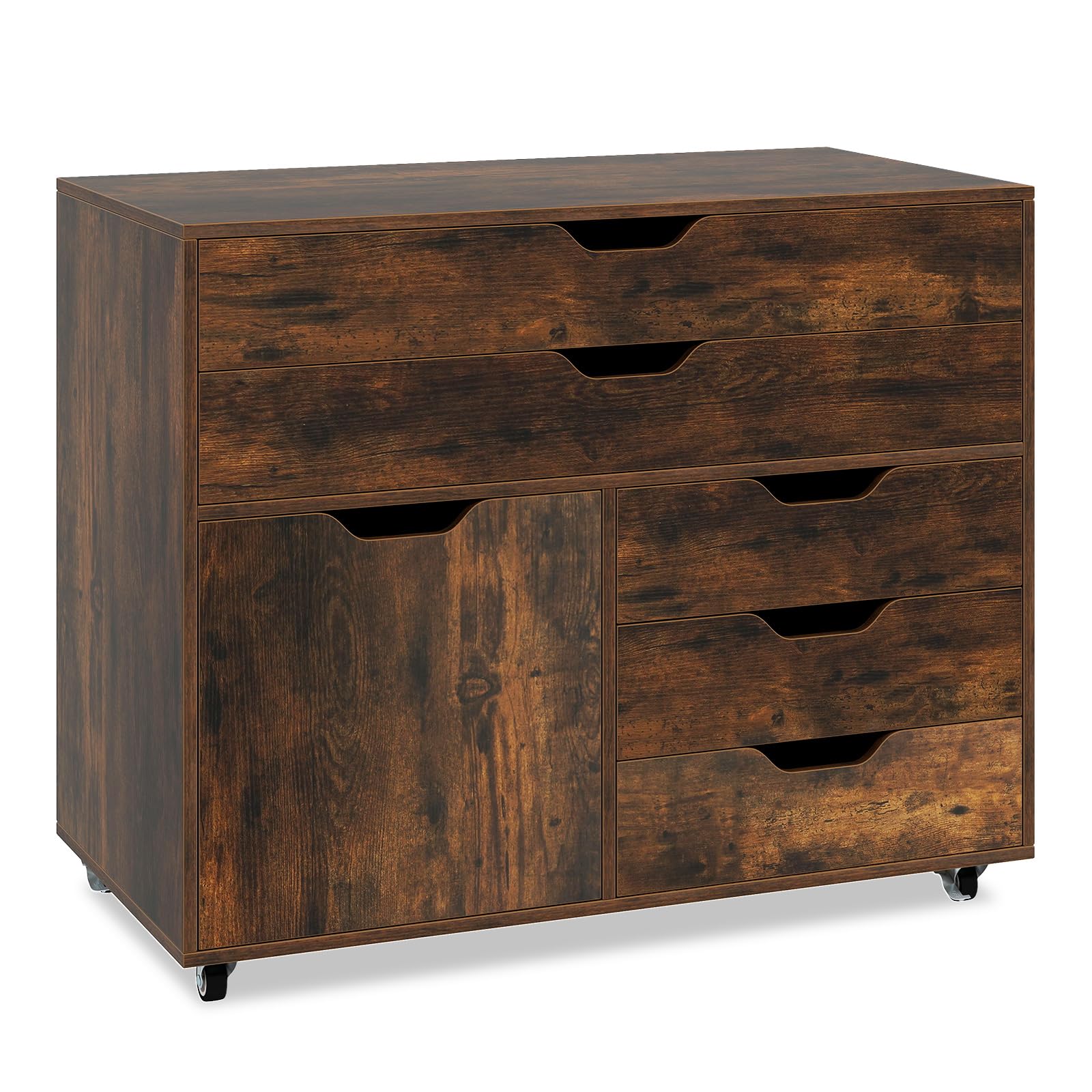 GIANTEX Armario Archivador con Ruedas, Cajonera con 5 Cajones y 1 Puerta, 77,5 x 40 x 64 cm, Armario de Almacenamiento para Oficina, Dormitorio, Salón (Marrón)