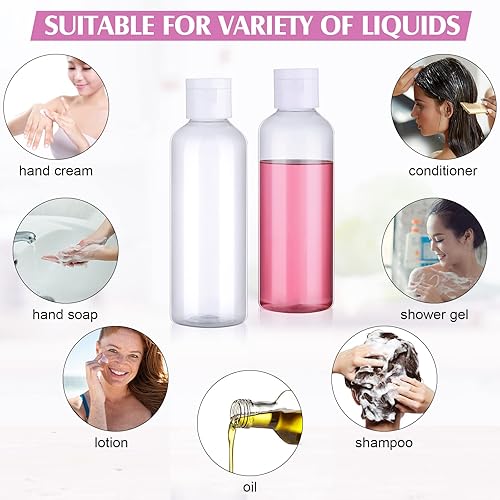 Miniatura 6 de Juego de 50 botellas de viaje de 3.4 onzas, botellas de plástico transparente rellenables con dispensadores de tapa abatible y 2 embudos para