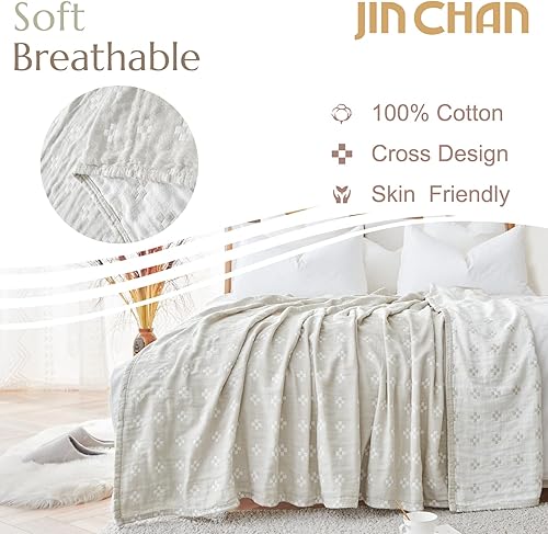 Miniatura 10 de jinchan Manta bohemia de 100% algodón de muselina ligera, tamaño individual, manta acolchada para sofá, suave y acogedora para todas las estaciones,