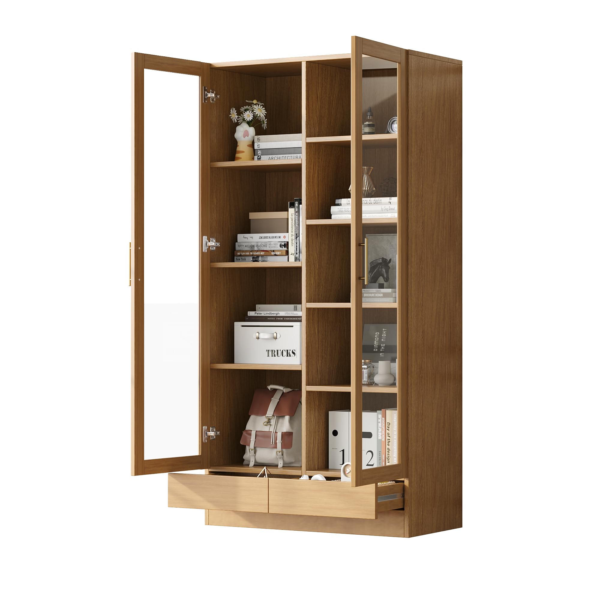 Vitrina de cristal (gabinete de oficina/estantería/archivador/estantería) – estantes escalonados, no ajustables, cajones push to abiertos sin asas, 80 x 40 x 160 cm, color madera