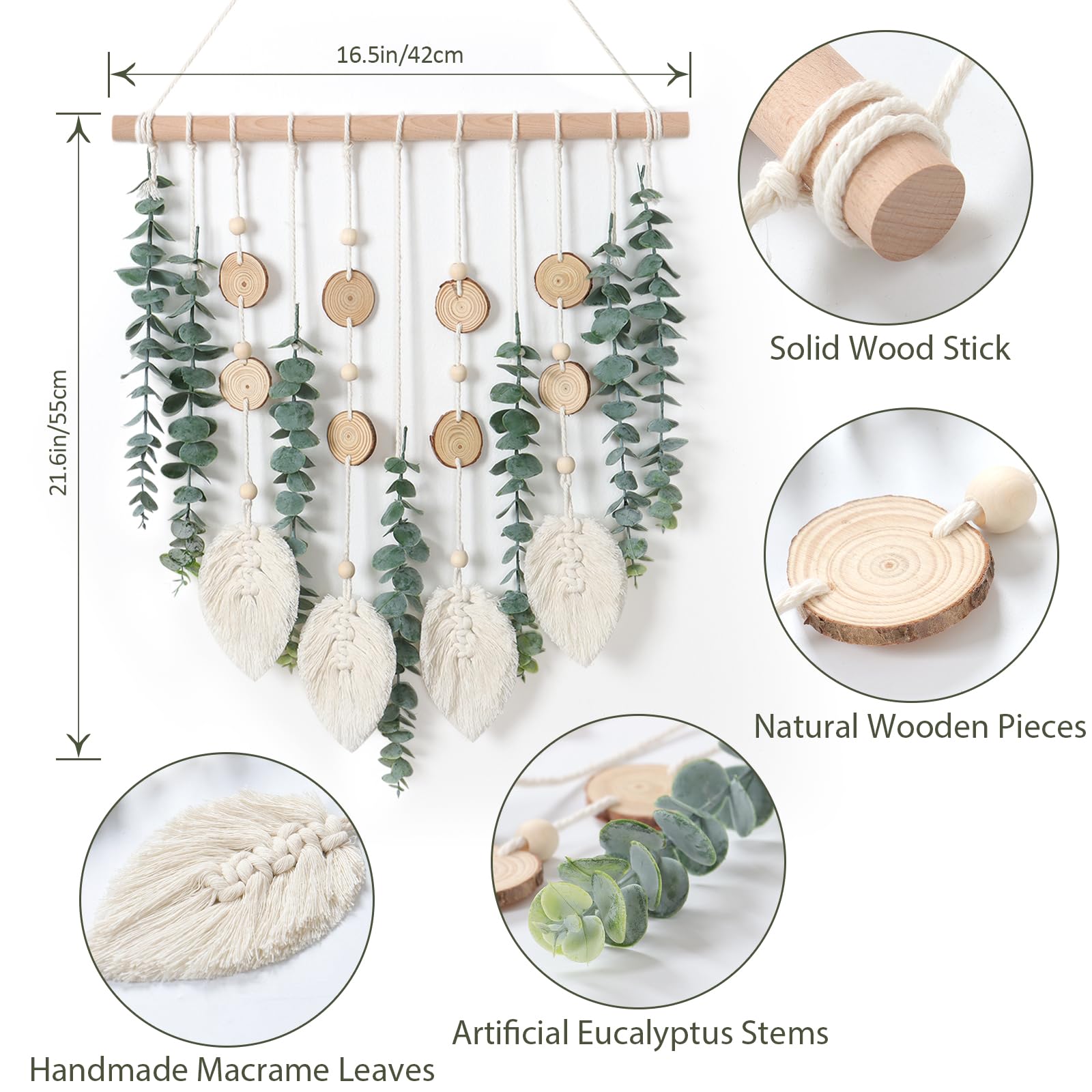 Eucalipto artificial para colgar en la pared, decoración de vegetación sintética con tallos de eucalipto falsos, plantas de palo de madera, hojas de macramé, bohemio, bohemio, bohemio, arte de 3