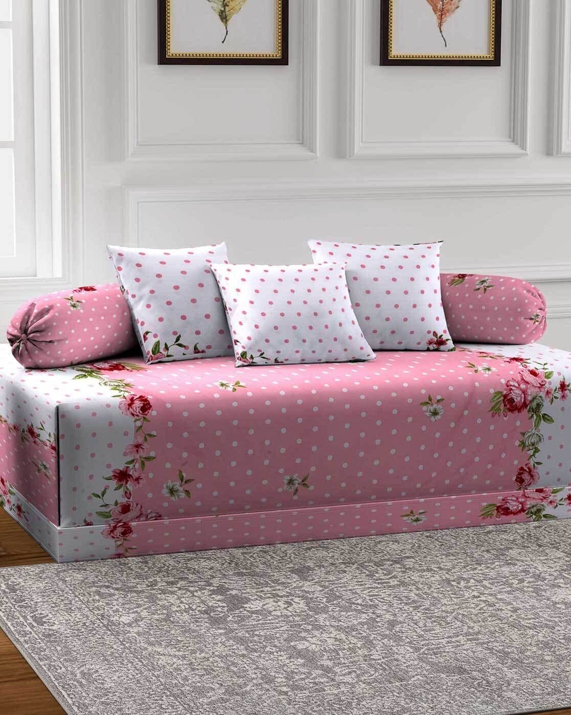 Home Stylish Diwan Set Covers Ezyption Cotton 6 Pieces, Ezyption Cotton Designer Printed Standard Diwan Set (1 Single Bedsheet, 2 Bolster Covers, 3 Cushion Covers Pink ETT47-picture-25