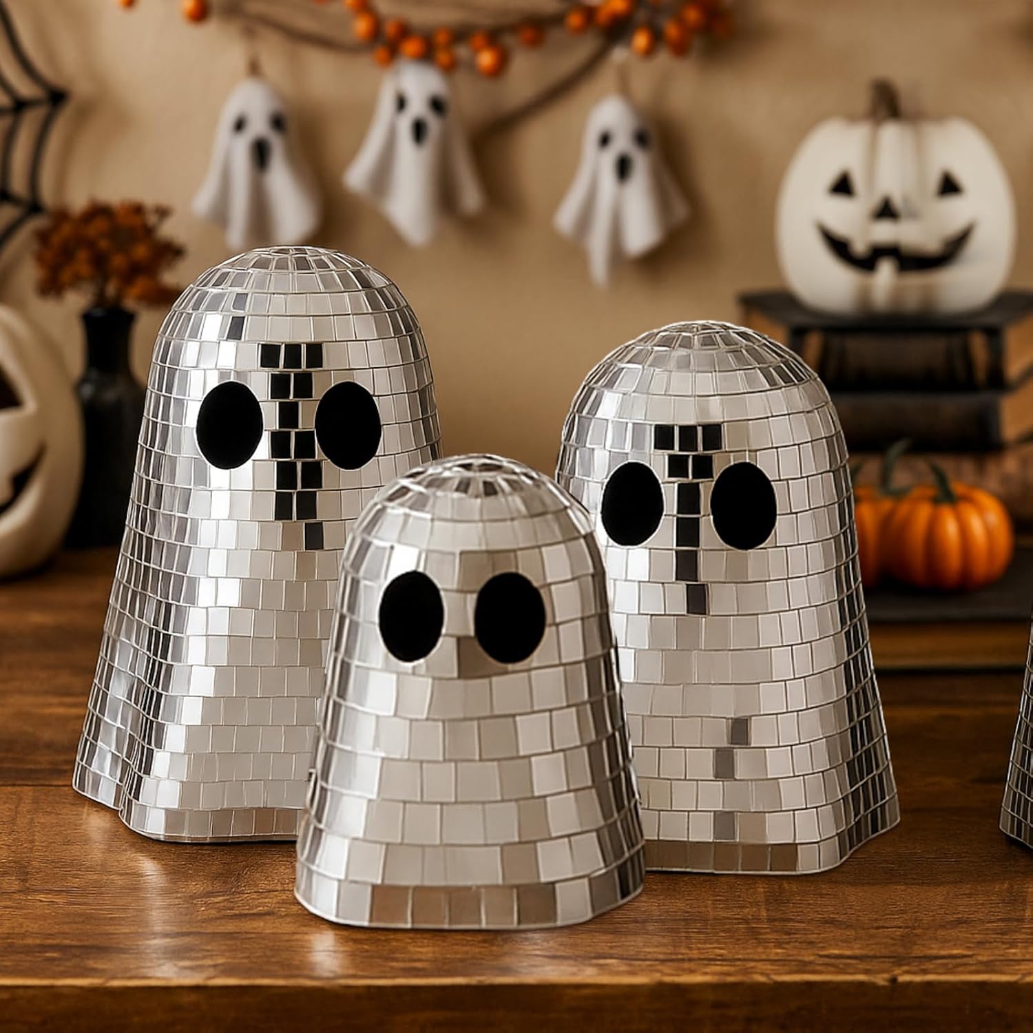 Simgoing 3 Pcs Halloween Disco Ghost Decor 6'' 5'' 4''halloween Ornament Silver Mirror Disco Skeleton Table Decoration Glitter Spooky Ghost Tiered Tray Decor for Props Home Tabletop Party Gift(Silver)