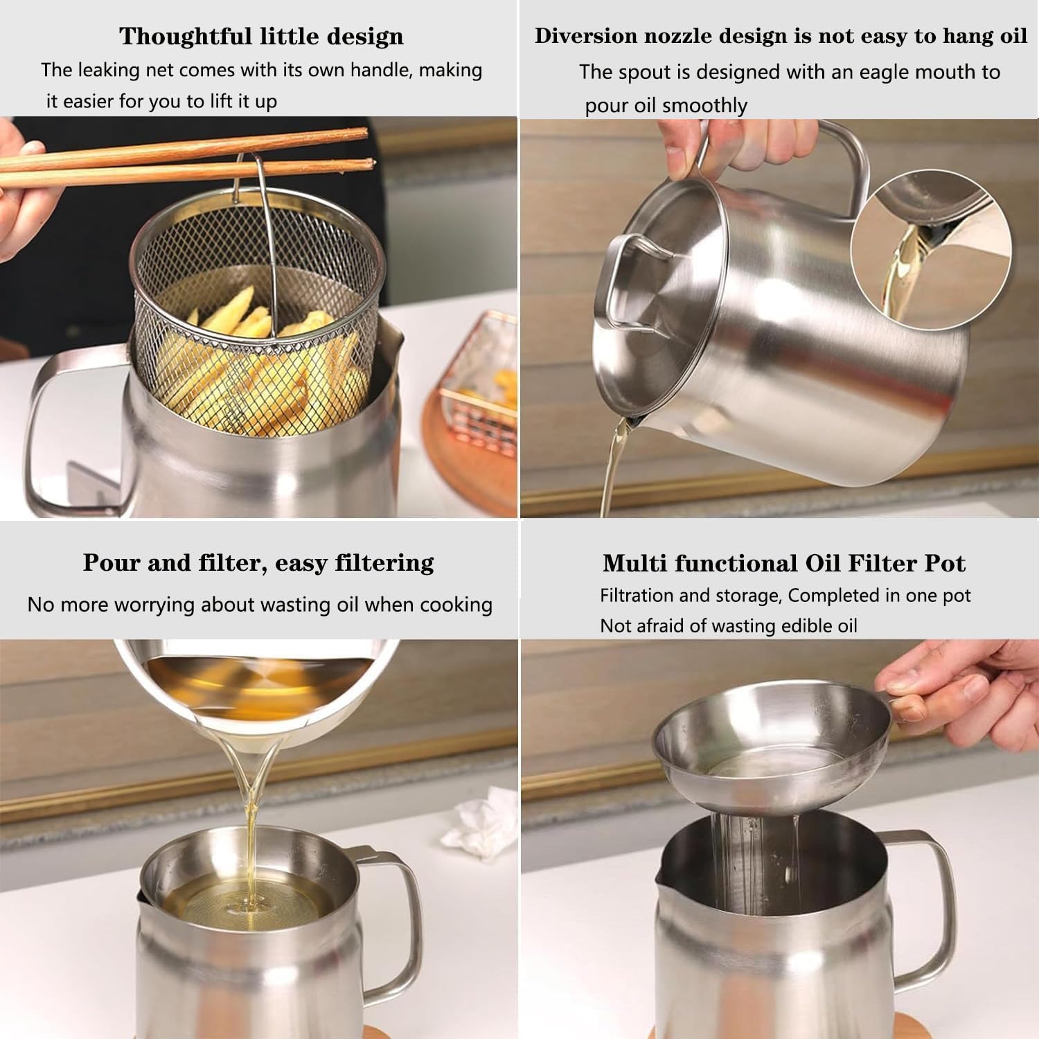 Olla de filtro de aceite de acero inoxidable 304 con colador, recipiente de aceite resistente para cocinar, recipiente de filtro versátil y mini freidora, capacidad de 2.0 L