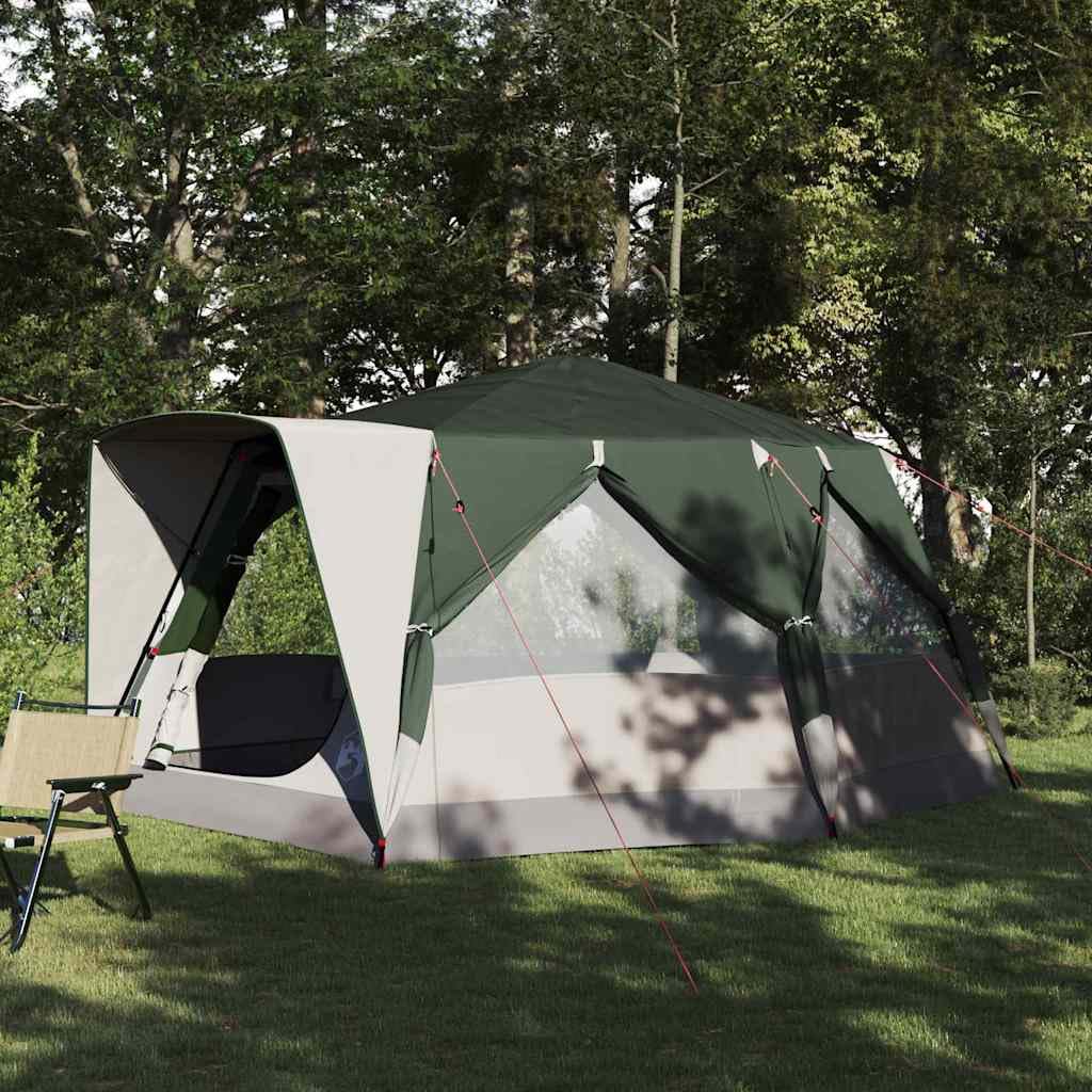 Namiot kabinowy dla 7 osób, zielony namiot rodzinny 400 x 350 x 212 cm z poliestru 185T z powłoką PU, łącznie z drążkami, 6 linkami napinającymi i 17 kołkami do wbijania w ziemię, z okienkiem