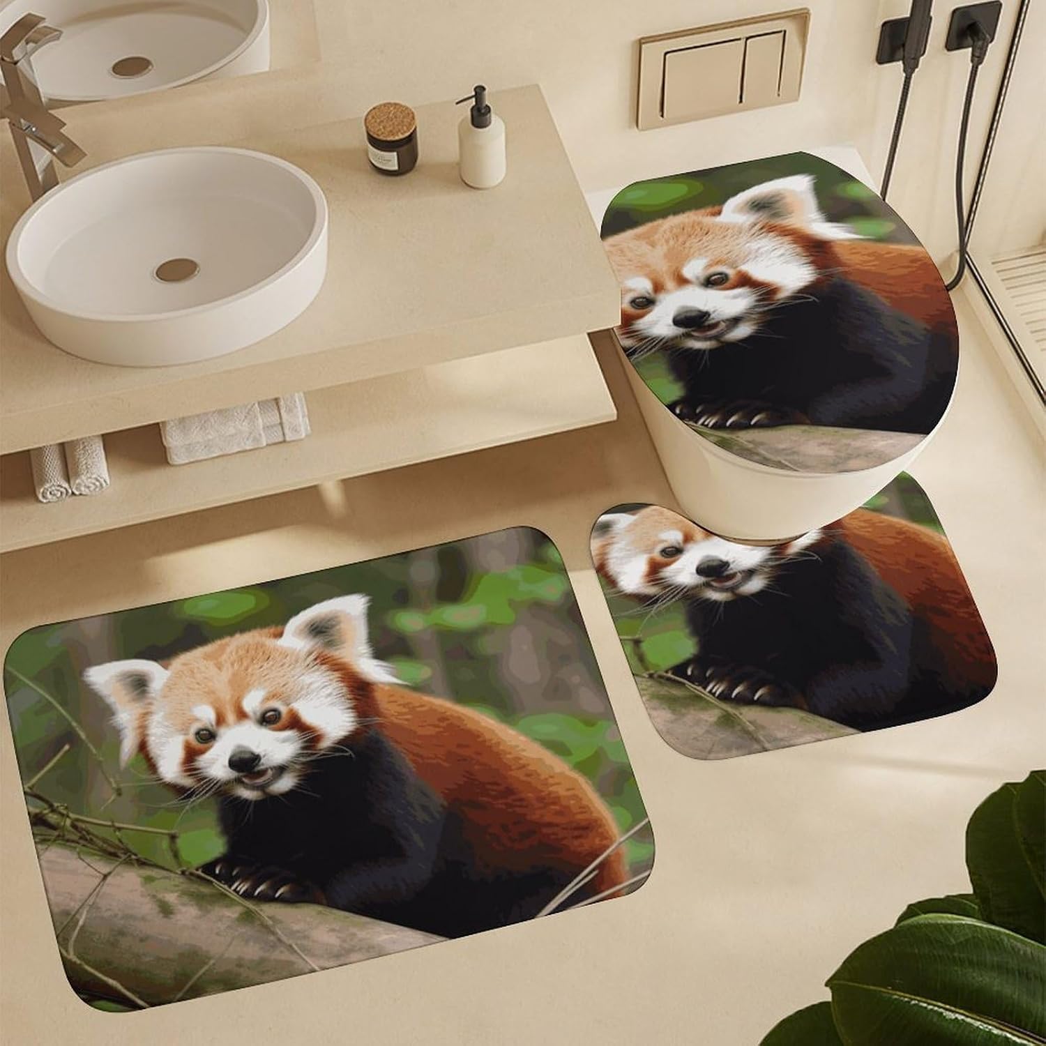 Little Red Panda Bath Rug Set 4 Piece,Bathroom Accessories Set-Toilet Rugs U Shaped,Toilet Lid Cover,Shower Curtain and Rugs,Ultra Soft, Absorbent,Home Decor