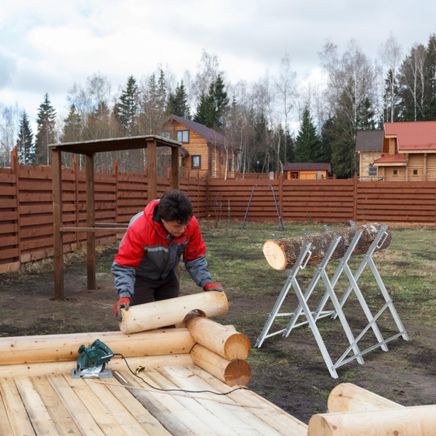Chevalet de sciage en bois galvanisé - Pliable - Avec support de tronçonneuse - Charge maximale : 150 kg - Convient pour les scieries et ateliers