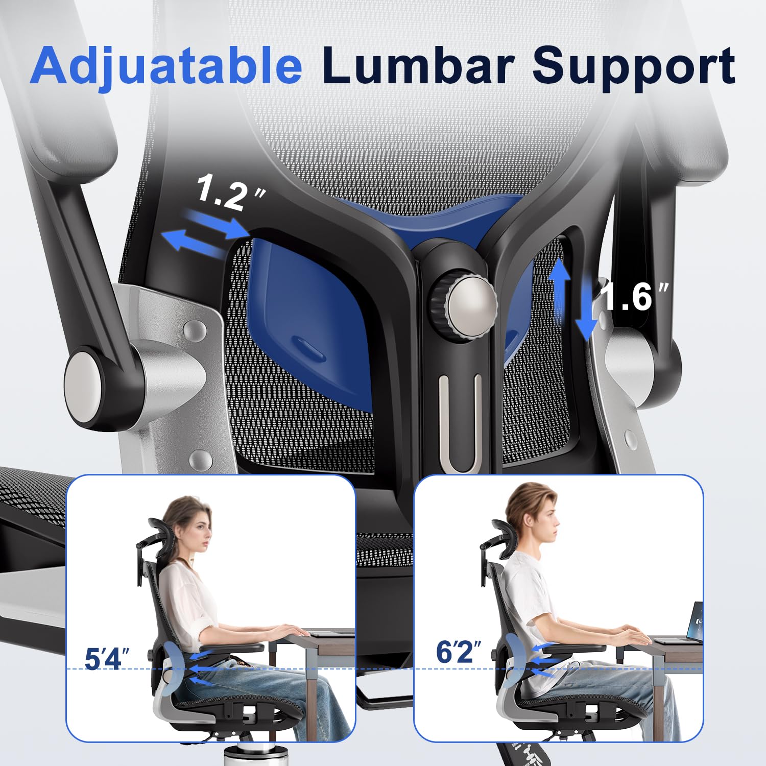 Ergonomic Office Chair，Mesh Seat Cushion with 3D Armrests and 3D Headrest, Adjustable Lumbar Support with Rocking Function, SGS Class 4 Gas Clylinder，Black