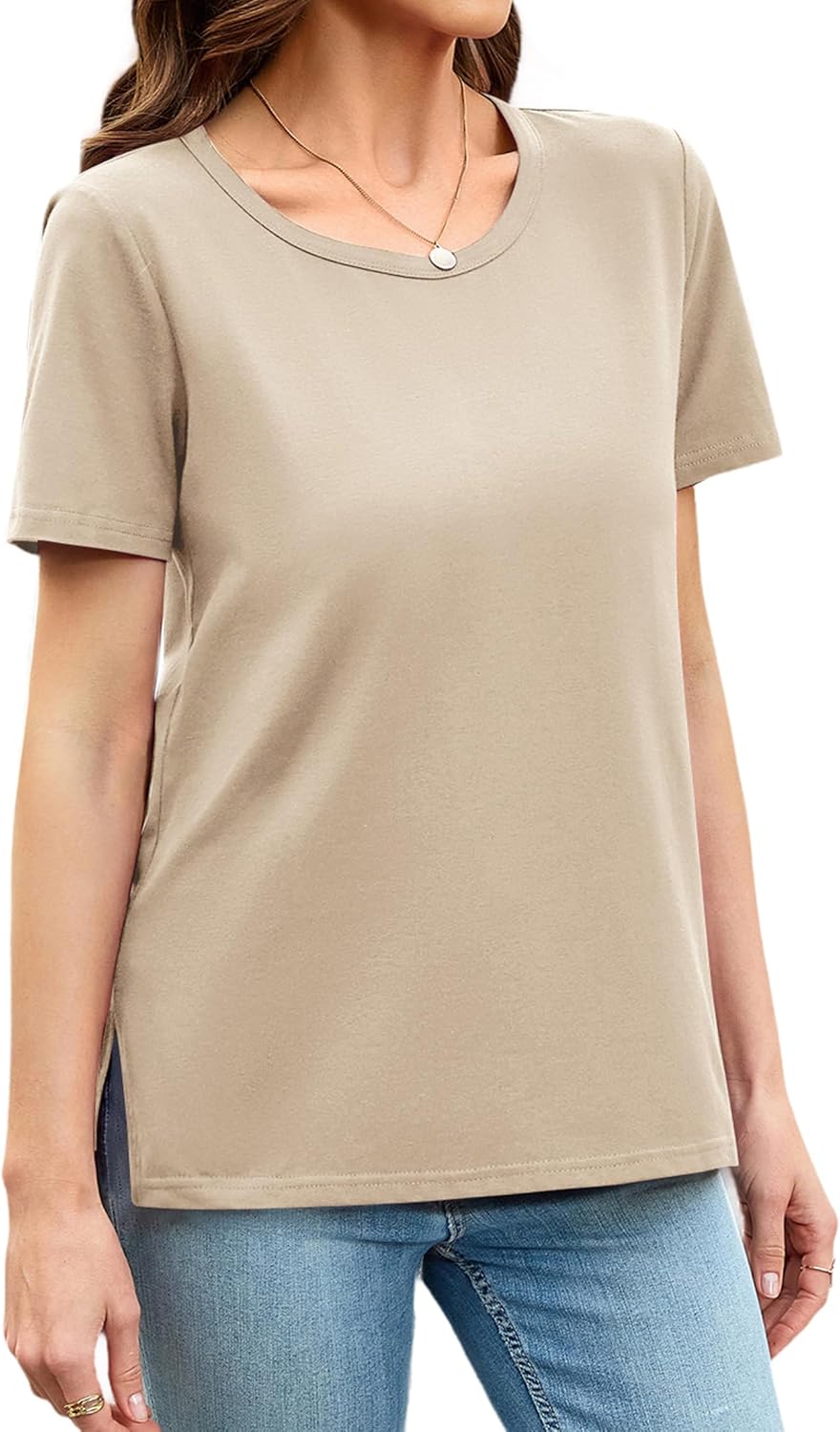 Herou Summer Women Casual Short Sleeve Tops T-Shirts Tees with Side Split