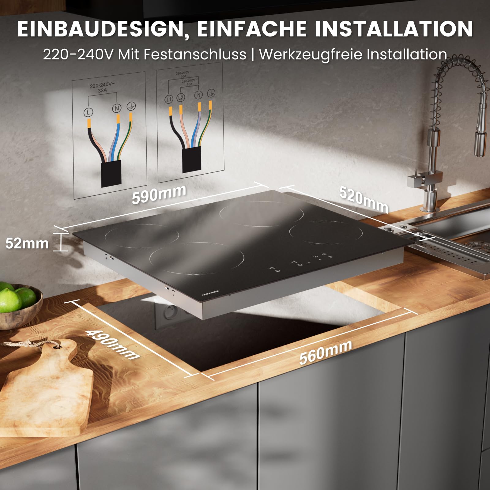 Glaskeramikkochfeld 4 Platten Einbau mit Abriebfeste Glaskeramik | Kochplatte, 2 Jahre Garantie, 59cm, 6000W Touch, 9 Leistungsstufen, Timer 1-99 Min, Kindersicherung, für alle Töpfe
