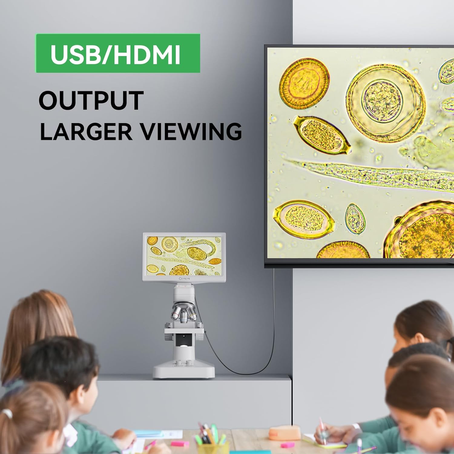 Opqpq ODM301 Pro microscope connected to a large monitor via HDMI